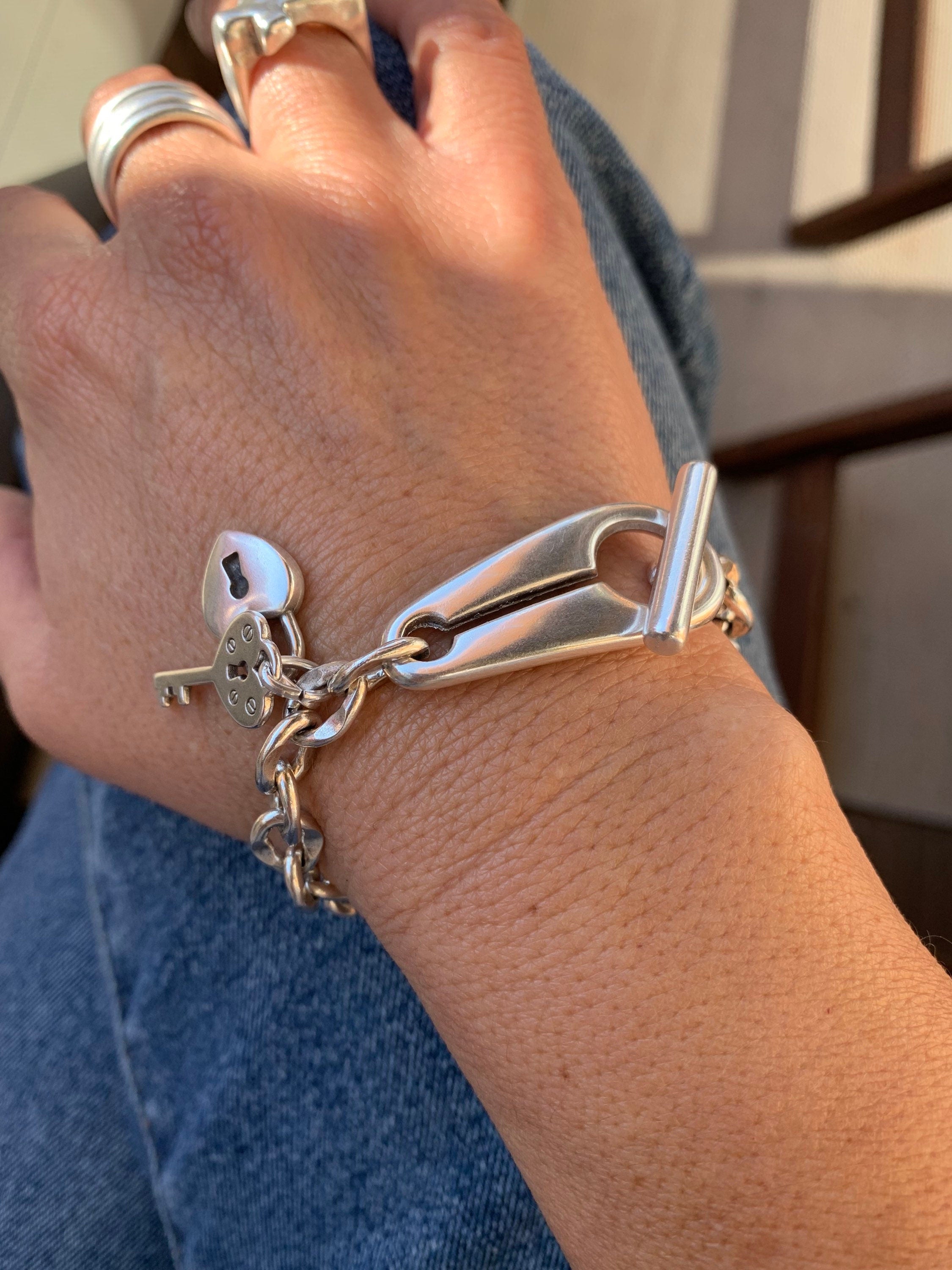 Chunky Silver Chain Bracelet with Padlock & Key Charms – Toggle Clasp – Made to Wrist Size – Kukuri Handmade Exclusive design