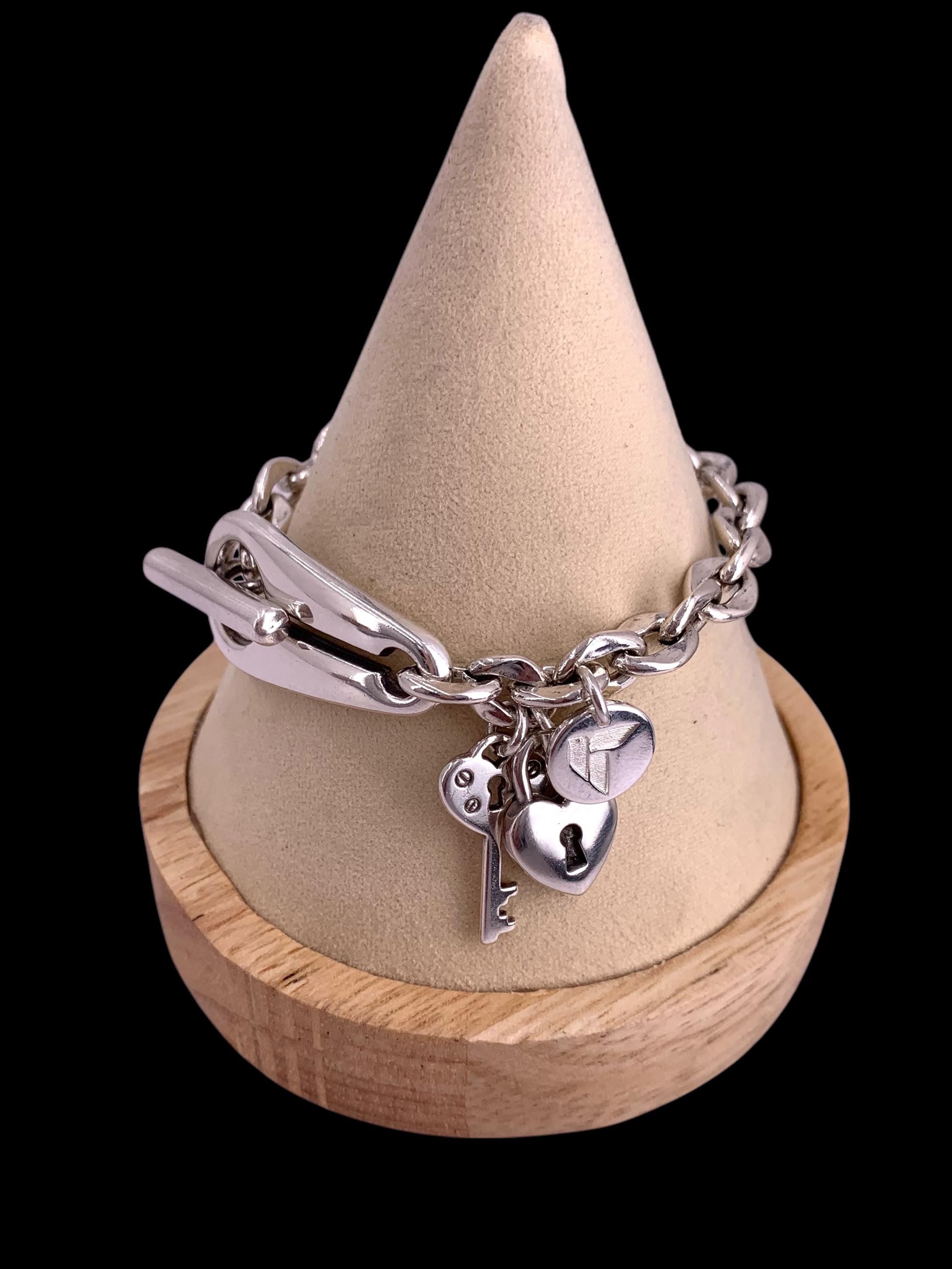Chunky Silver Chain Bracelet with Padlock & Key Charms – Toggle Clasp – Made to Wrist Size – Kukuri Handmade Exclusive design
