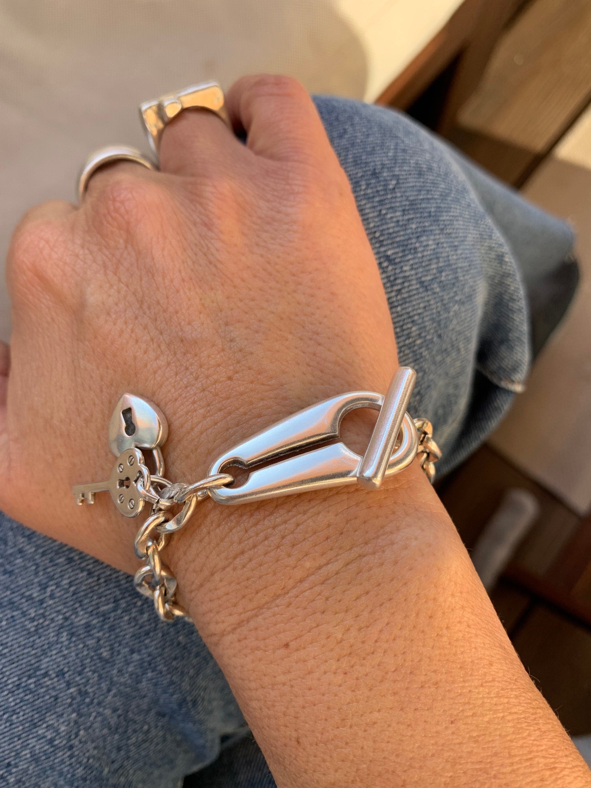 Chunky Silver Chain Bracelet with Padlock & Key Charms – Toggle Clasp – Made to Wrist Size – Kukuri Handmade Exclusive design