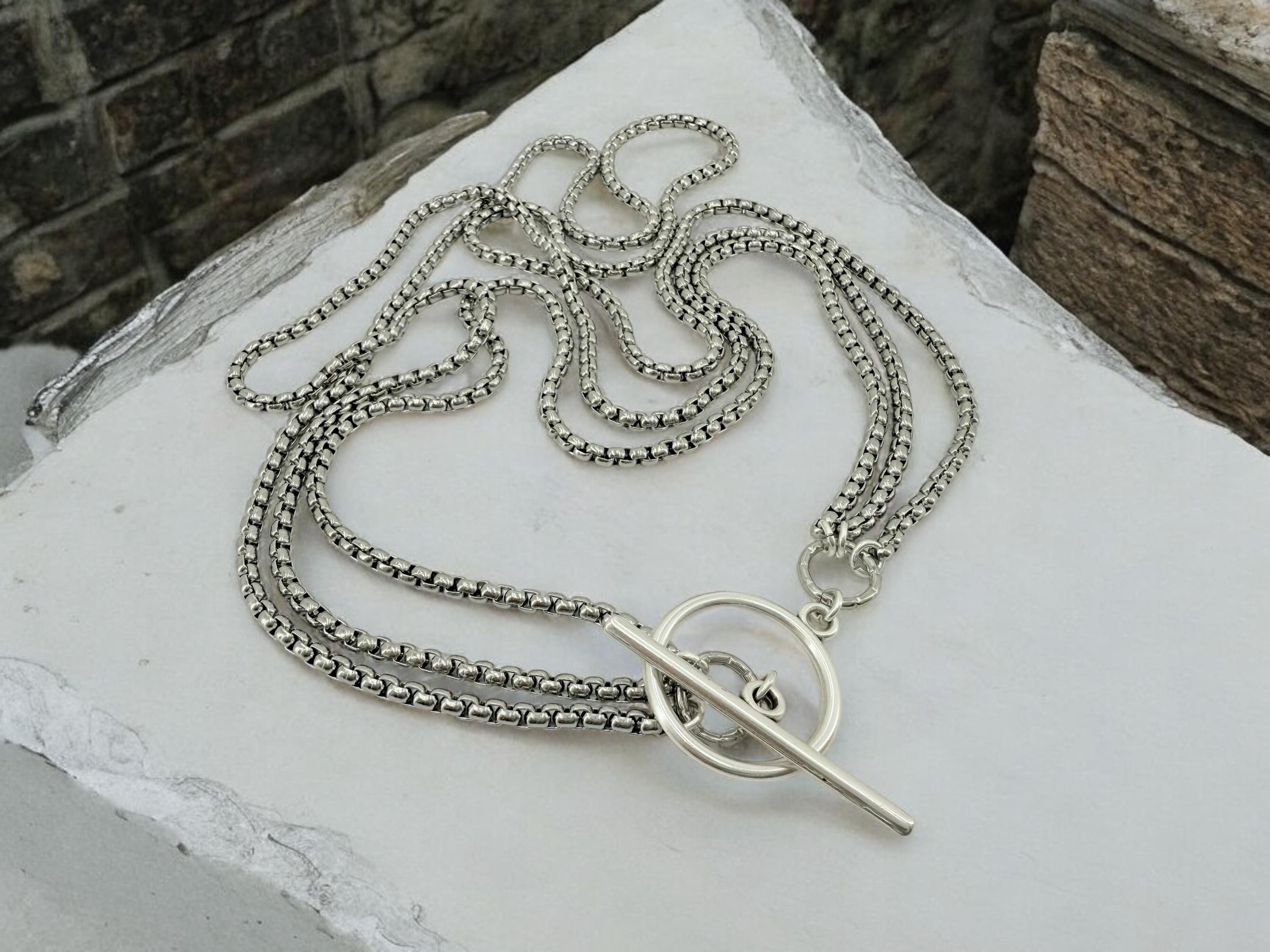 long antique silver chunky chain layering necklace, Layering silver necklace with toggle clasp, chunky chain necklace, multi strand necklace