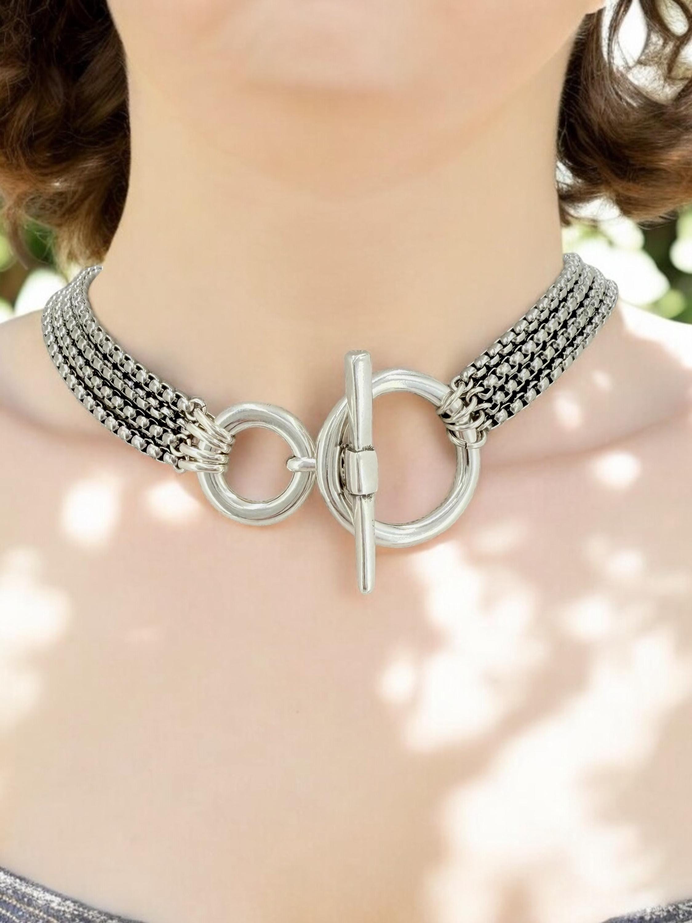 Layering silver chunky chain toggle necklace, statement multi strand choker, layered choker, black silver necklace, steel necklace, gift