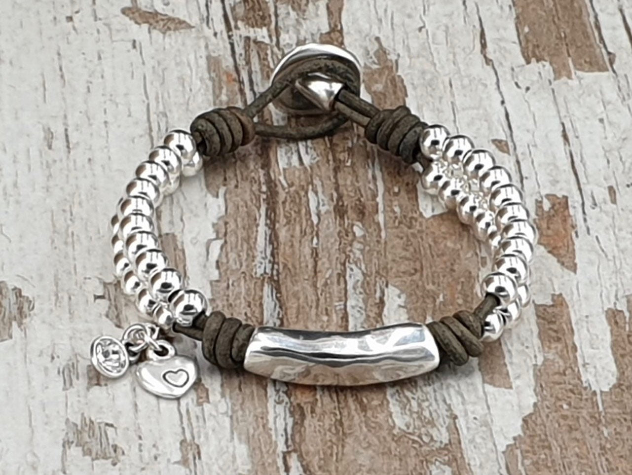 Leather and silver unique style bracelet, beaded leather bracelet, bohemian bracelet, charms tribal bracelet, custom silver tube bracelet,