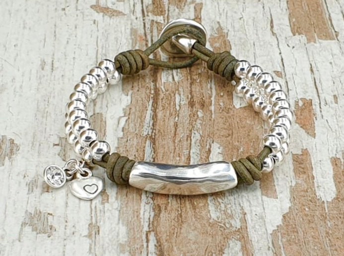 Leather and silver unique style bracelet, beaded leather bracelet, bohemian bracelet, charms tribal bracelet, custom silver tube bracelet,