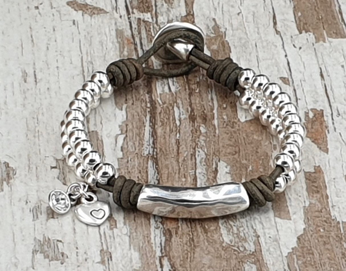 Leather and silver unique style bracelet, beaded leather bracelet, bohemian bracelet, charms tribal bracelet, custom silver tube bracelet,