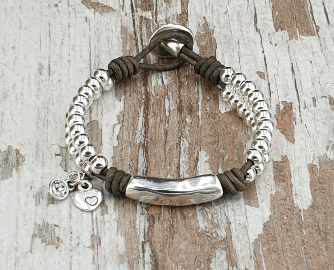 Leather and silver unique style bracelet, beaded leather bracelet, bohemian bracelet, charms tribal bracelet, custom silver tube bracelet,
