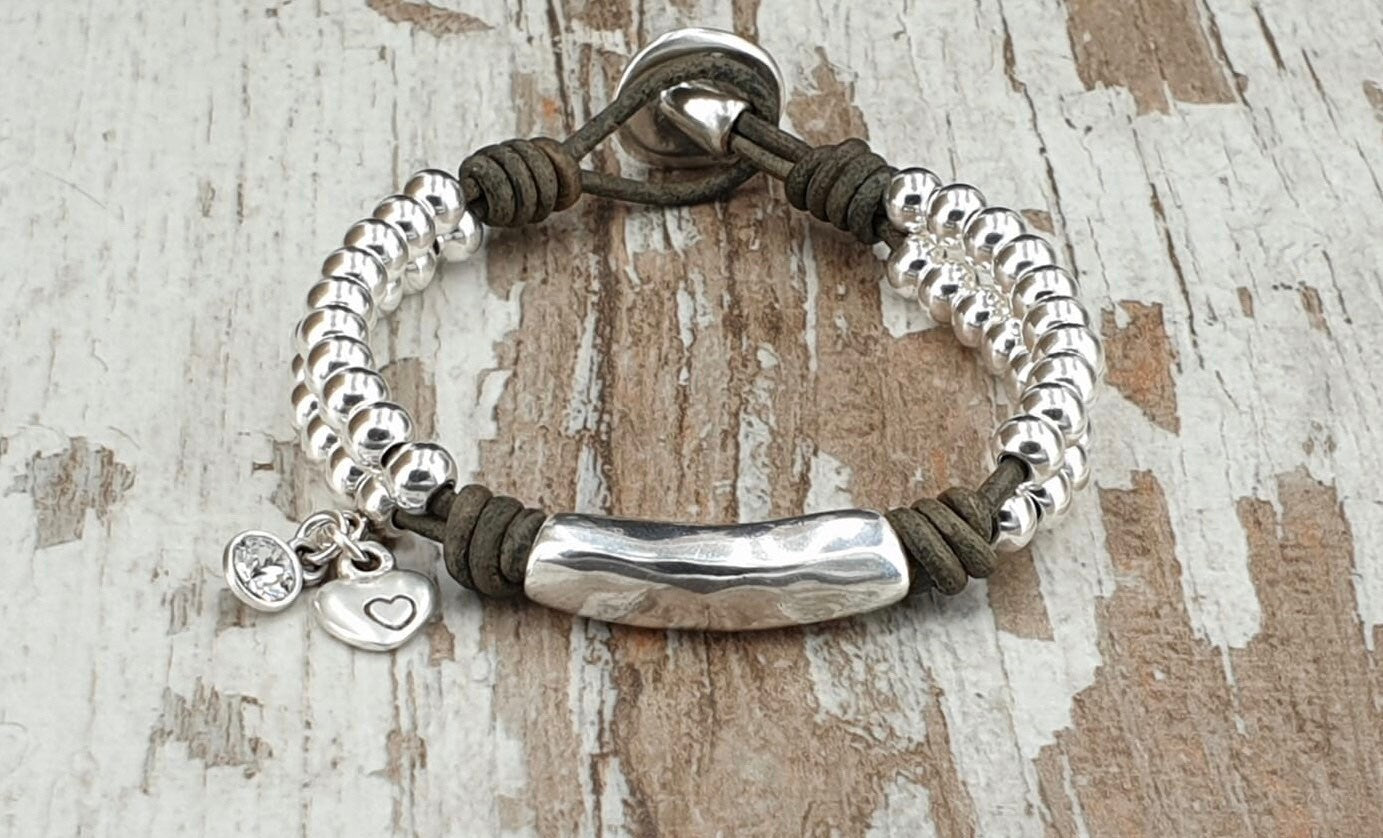 Leather and silver unique style bracelet, beaded leather bracelet, bohemian bracelet, charms tribal bracelet, custom silver tube bracelet,
