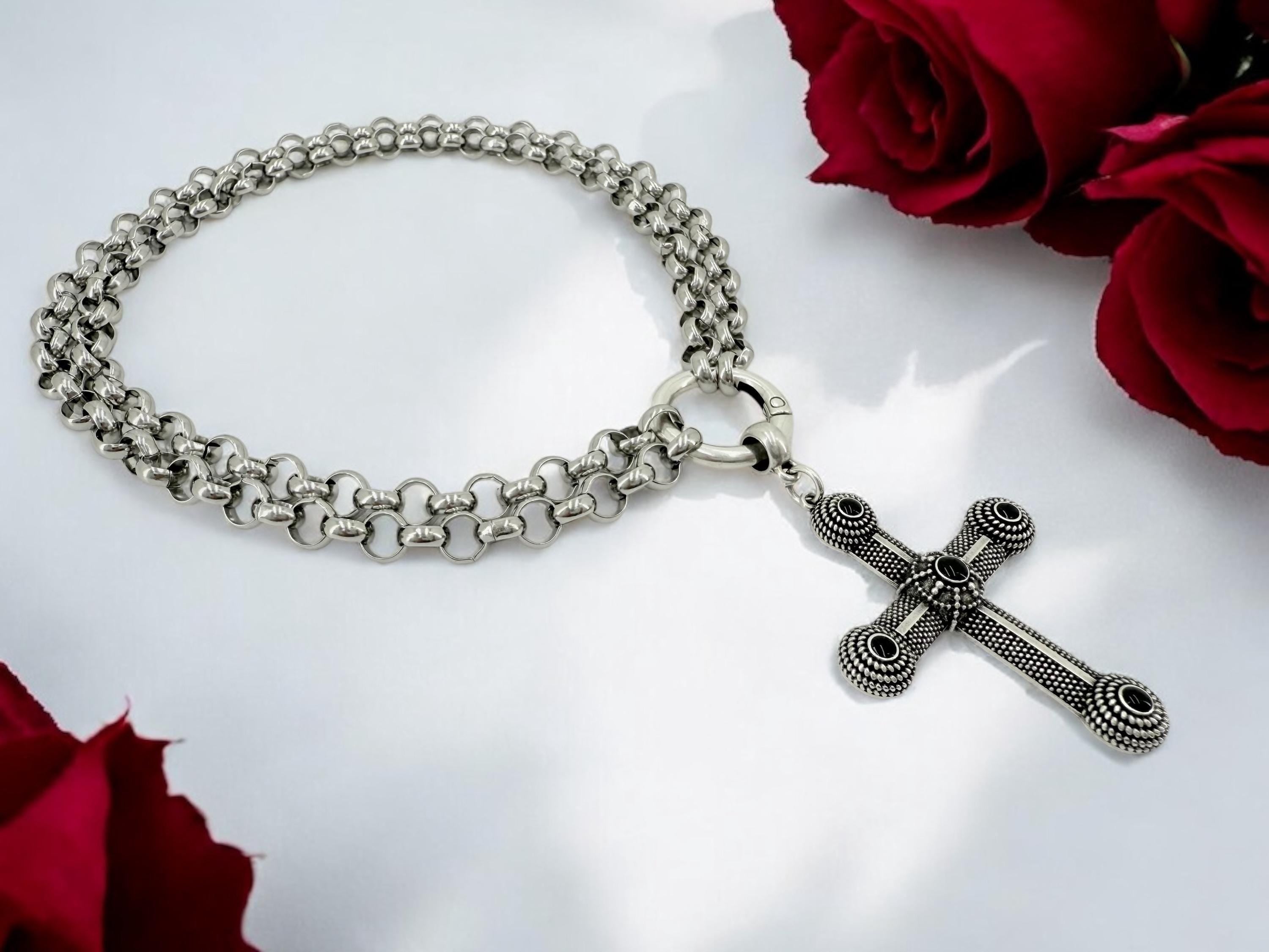 Double Strand Rock Choker with Cross Pendant – Black Enamel Details – Antique Silver Unisex Necklace – Bold Stainless Steel Chain – Handmade