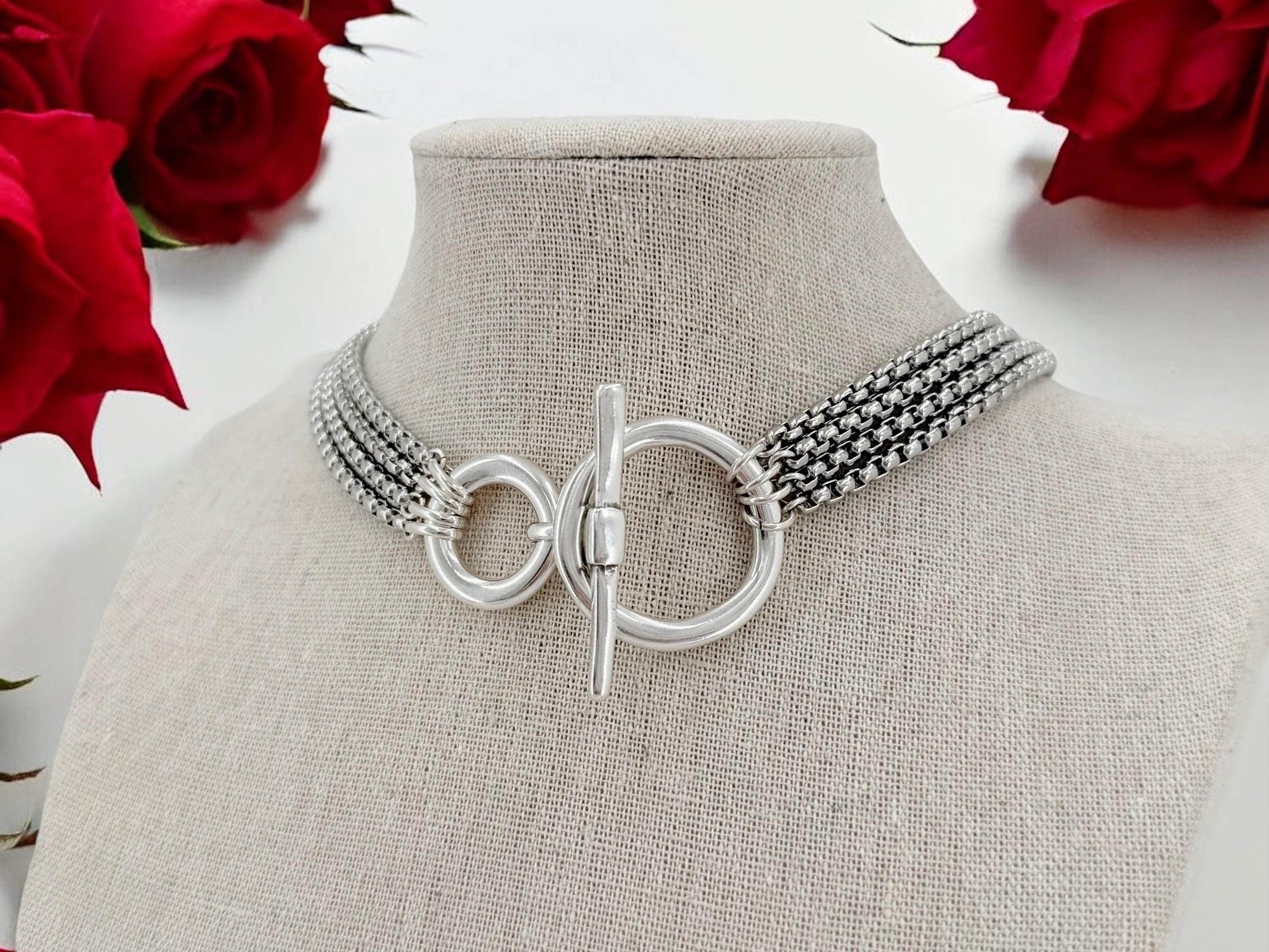 Layering silver chunky chain toggle necklace, statement multi strand choker, layered choker, black silver necklace, steel necklace, gift