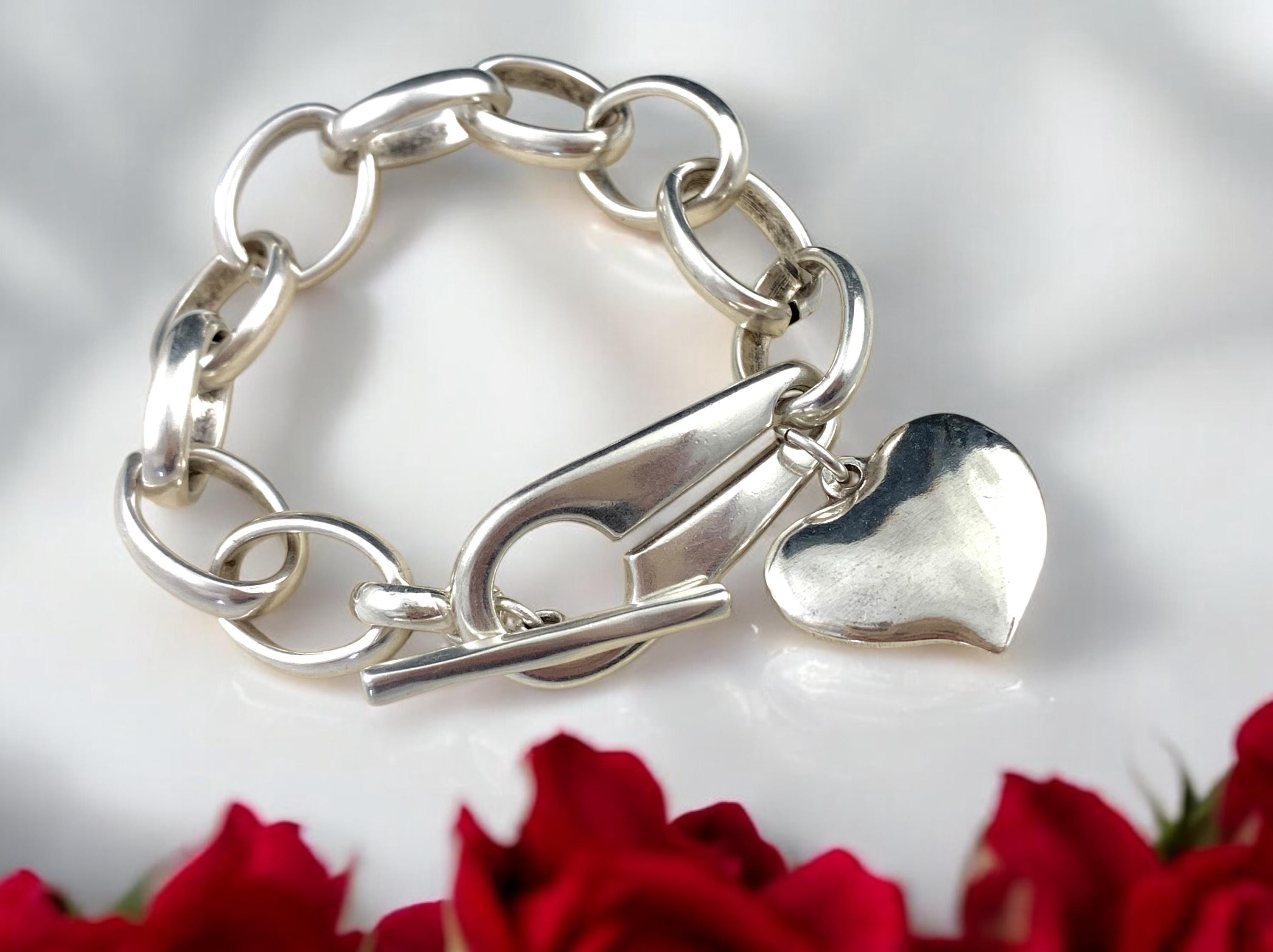 Chunky Silver Chain statement Bracelet – Heart Charm Pendant – Modern Toggle Clasp – Solid Statement Jewelry – Custom Fit,