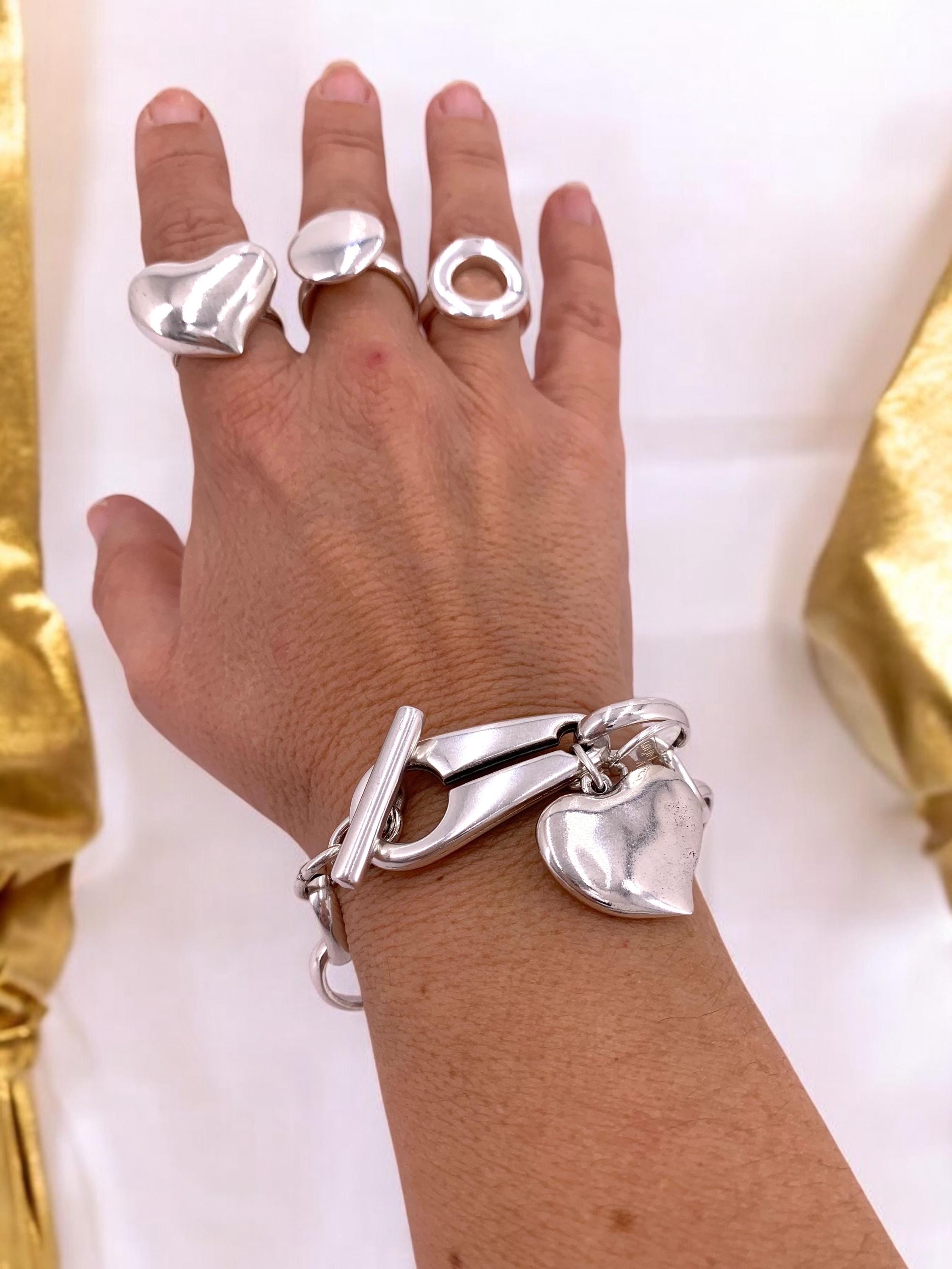 Chunky Silver Chain statement Bracelet – Heart Charm Pendant – Modern Toggle Clasp – Solid Statement Jewelry – Custom Fit,