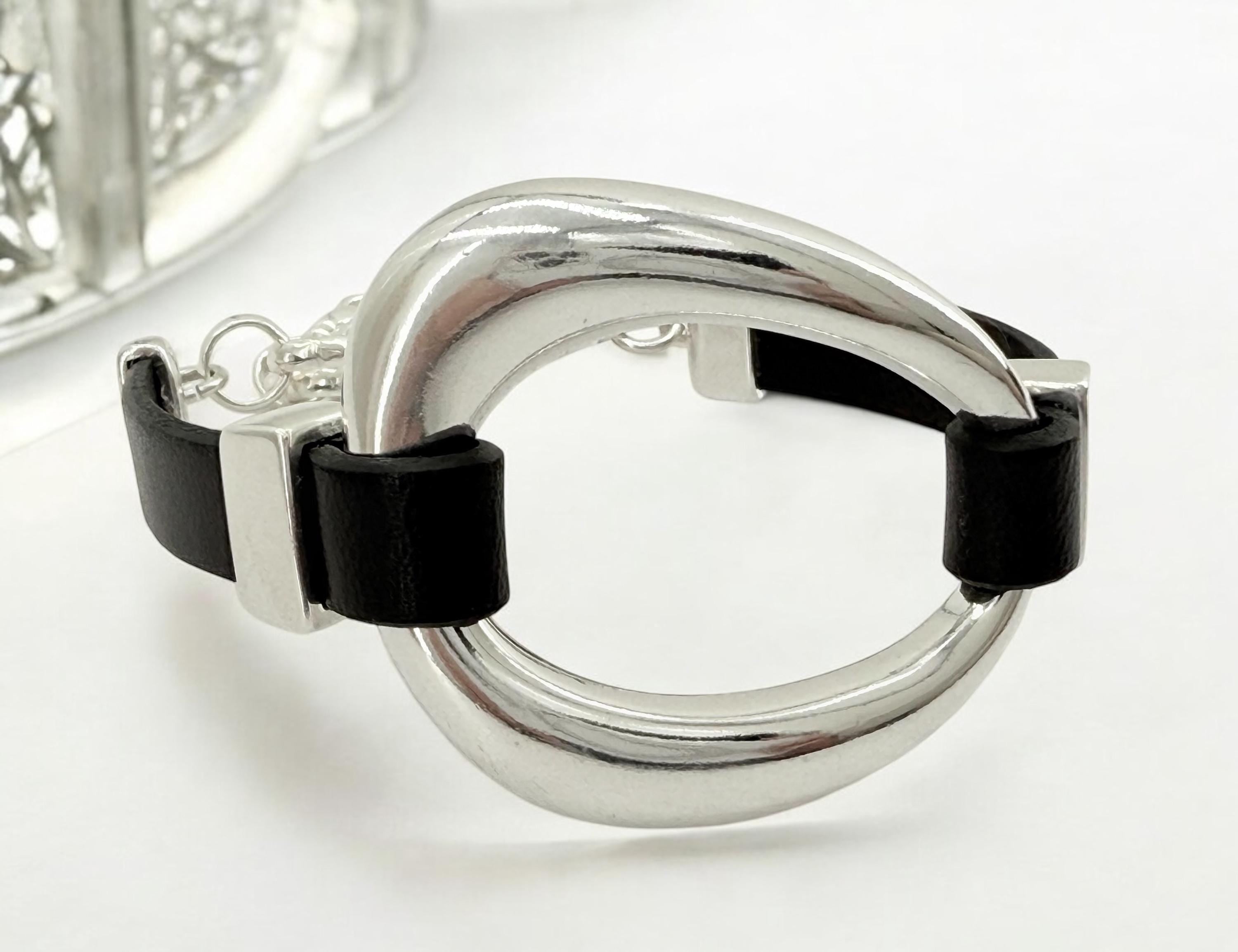 chunky silver leather bracelet, bulky bracelet, statement bracelet, big size bracelet, bold big chain link bracelet, wide bracelet