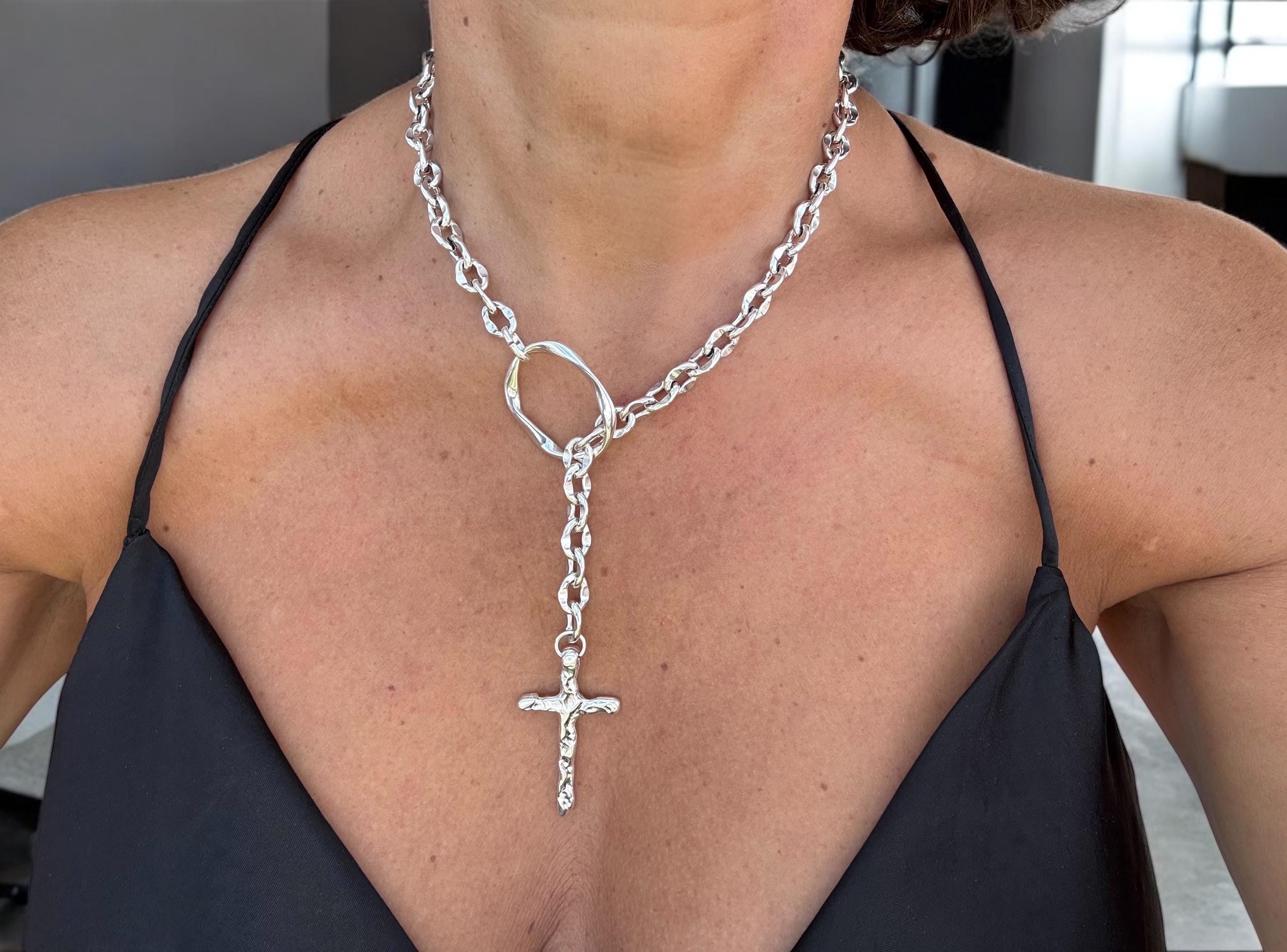 Chunky Silver Lariat Necklace – Hammered Teardrop Cross Pendant on Y Chain – Adjustable Statement Choker - gift for her