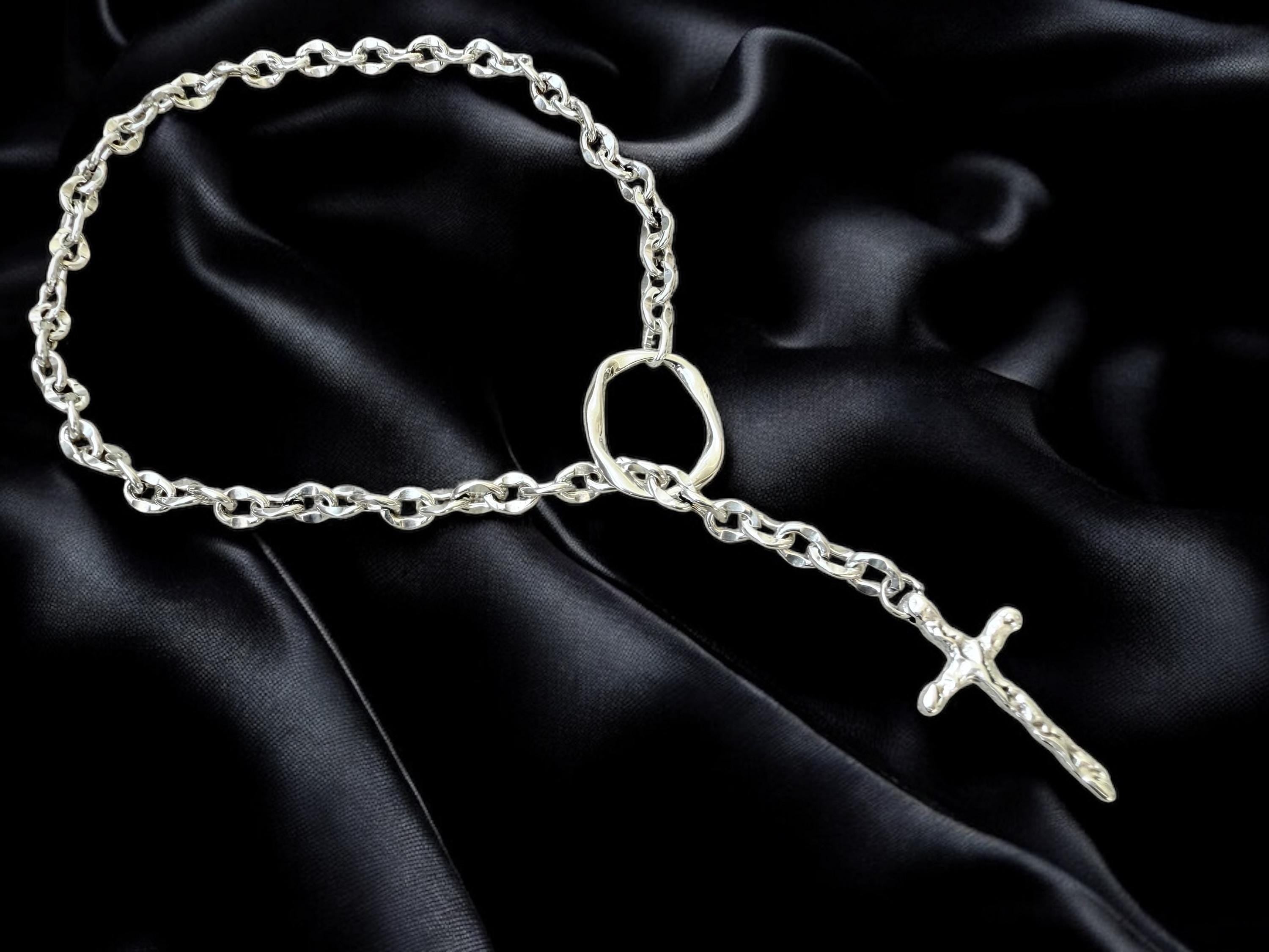 Chunky Silver Lariat Necklace – Hammered Teardrop Cross Pendant on Y Chain – Adjustable Statement Choker - gift for her