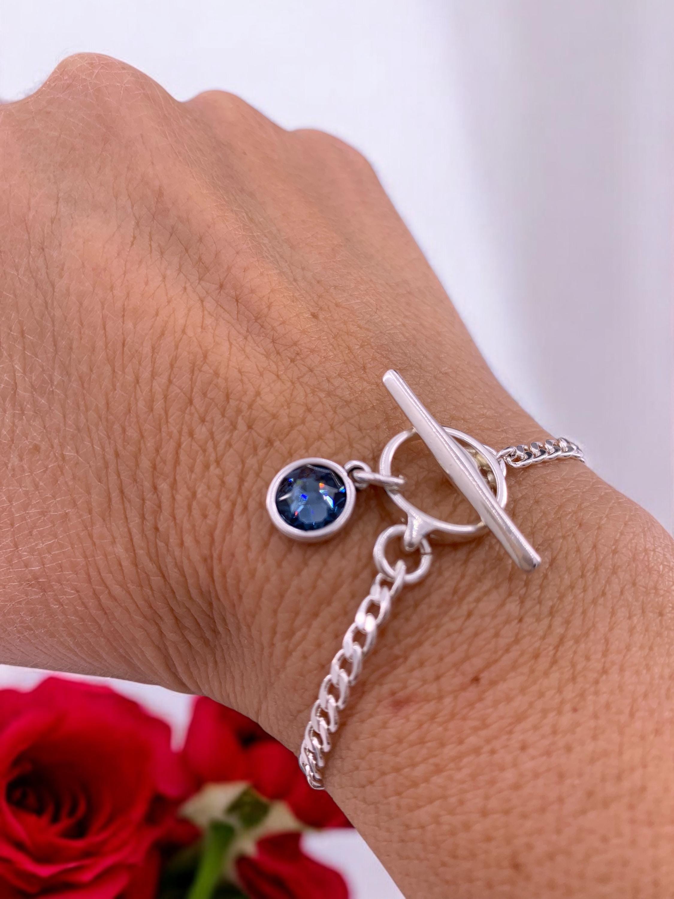 Delicate silver chain bracelets with togglee clasp and Swarovski crystal charm, Christmas present, uno de 50 style, fine chain bracelet