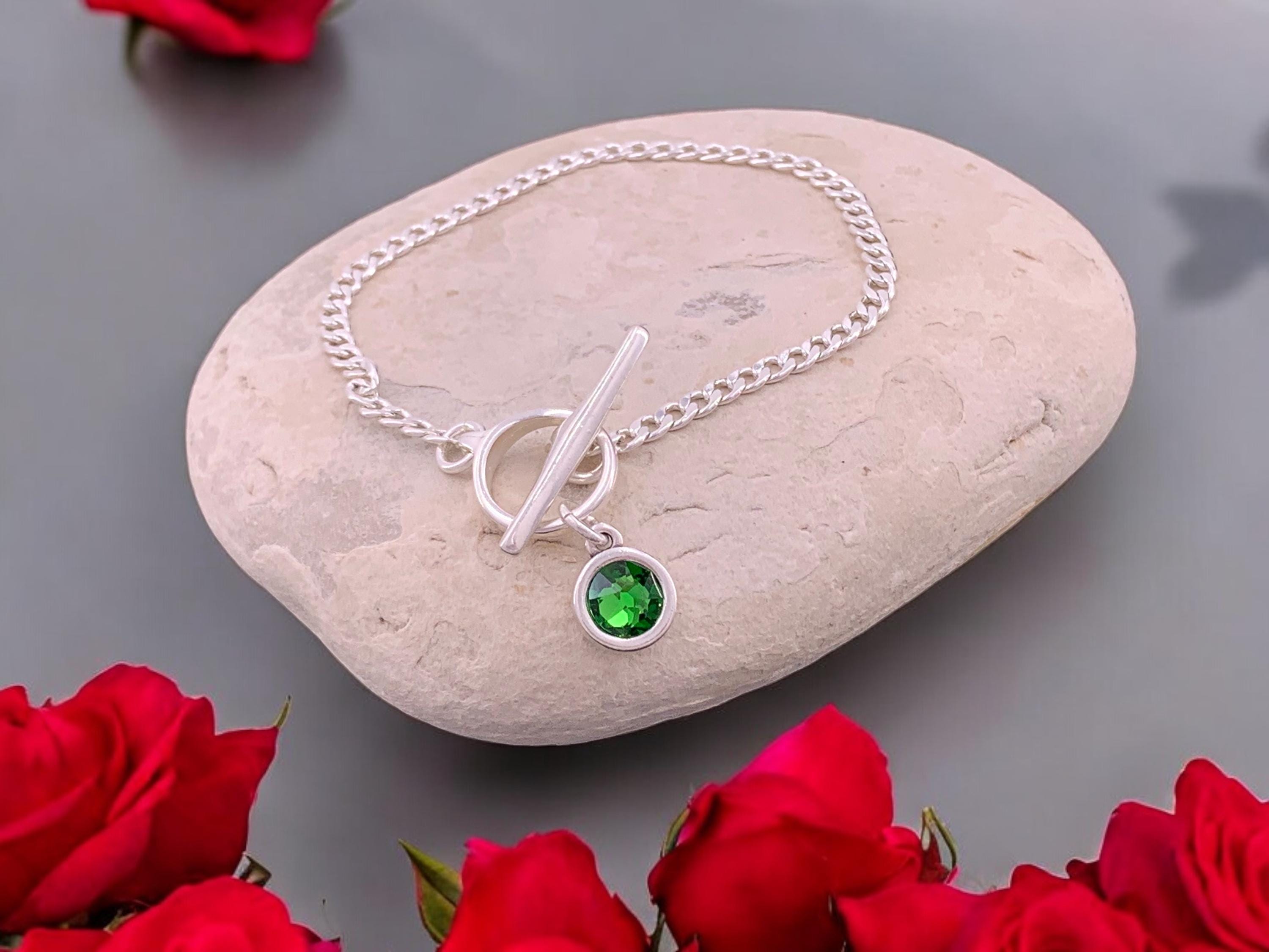 Delicate silver chain bracelets with togglee clasp and Swarovski crystal charm, Christmas present, uno de 50 style, fine chain bracelet