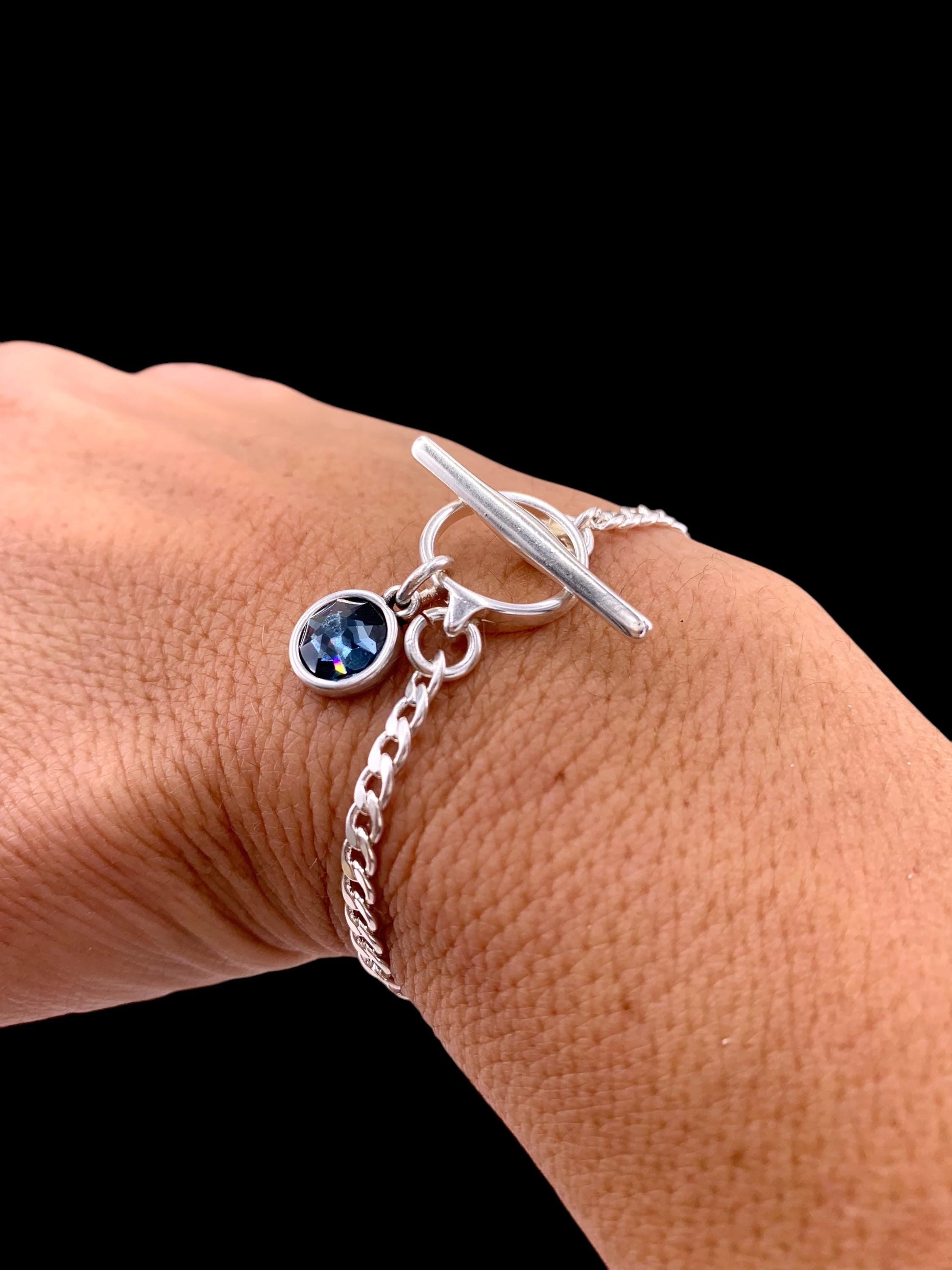 Delicate silver chain bracelets with togglee clasp and Swarovski crystal charm, Christmas present, uno de 50 style, fine chain bracelet