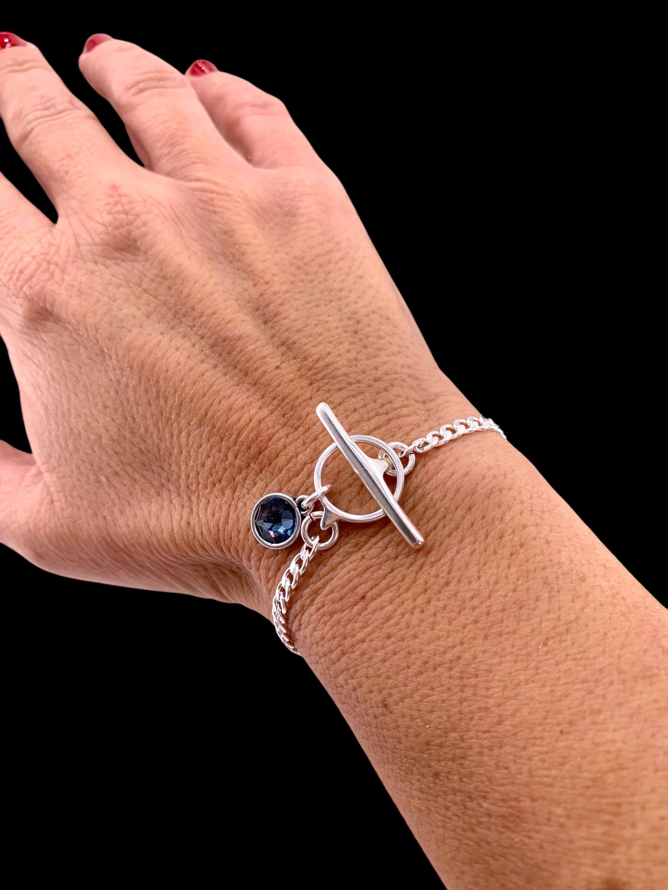 Delicate silver chain bracelets with togglee clasp and Swarovski crystal charm, Christmas present, uno de 50 style, fine chain bracelet