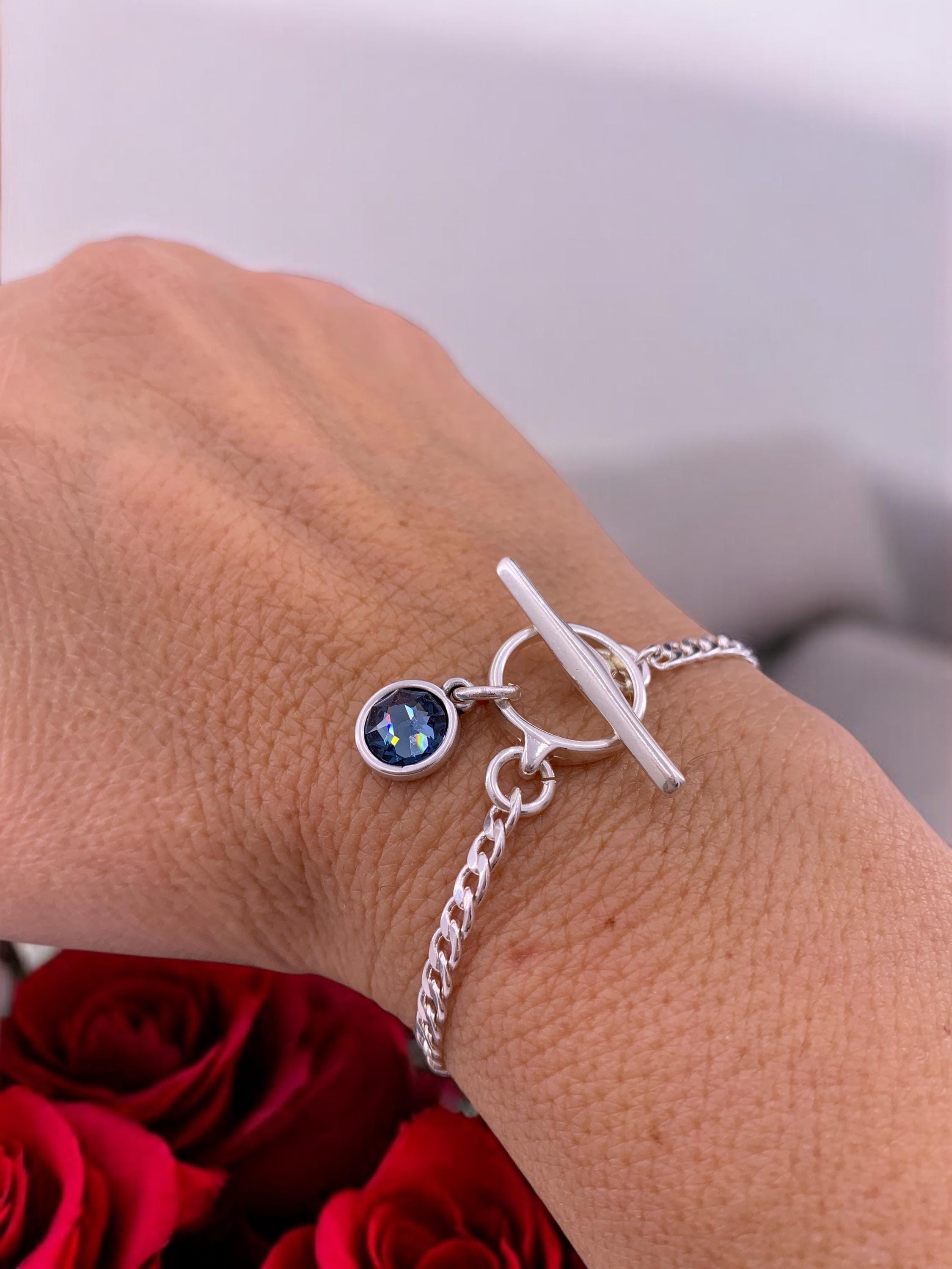 Delicate silver chain bracelets with togglee clasp and Swarovski crystal charm, Christmas present, uno de 50 style, fine chain bracelet