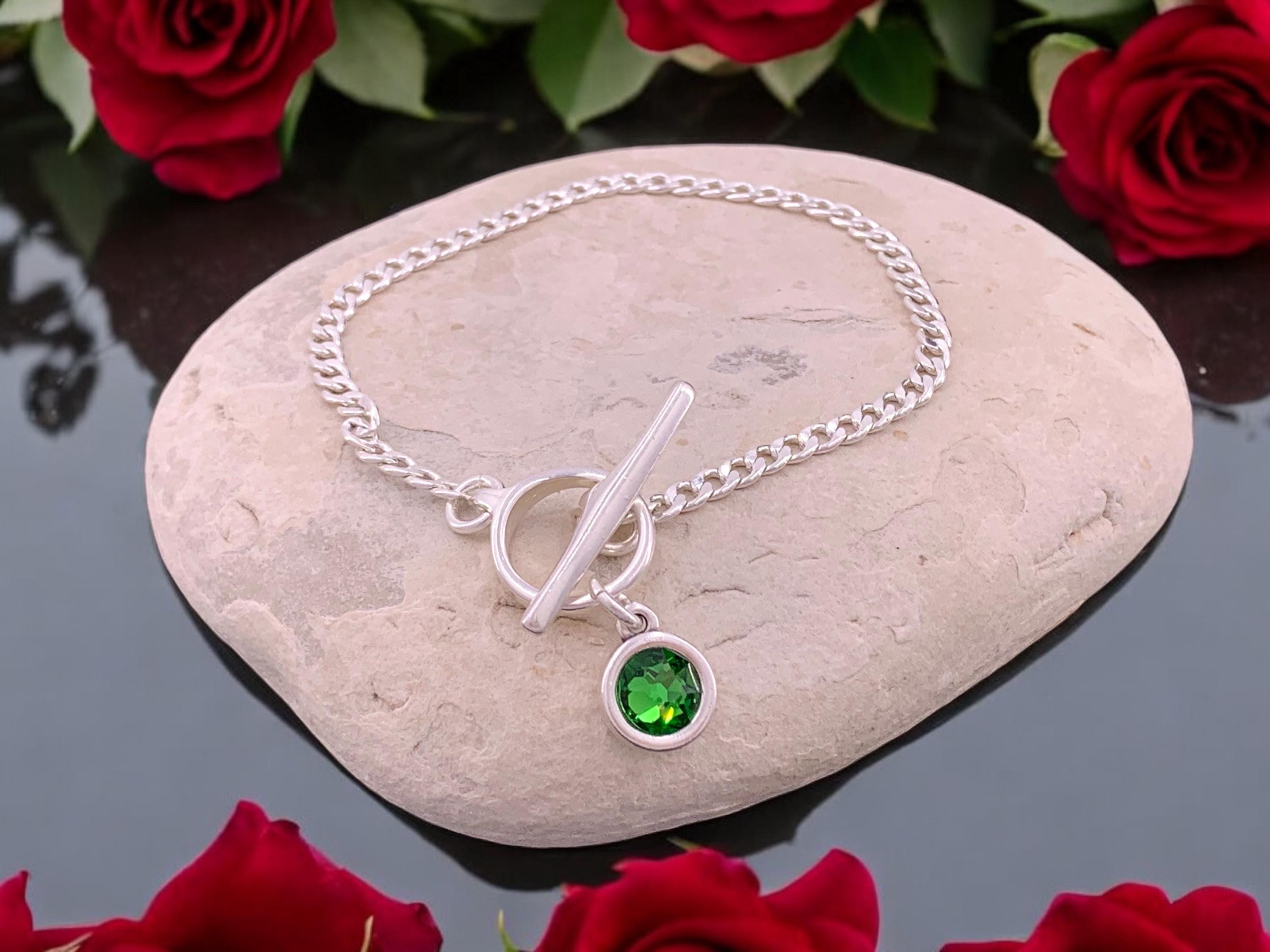 Delicate silver chain bracelets with togglee clasp and Swarovski crystal charm, Christmas present, uno de 50 style, fine chain bracelet