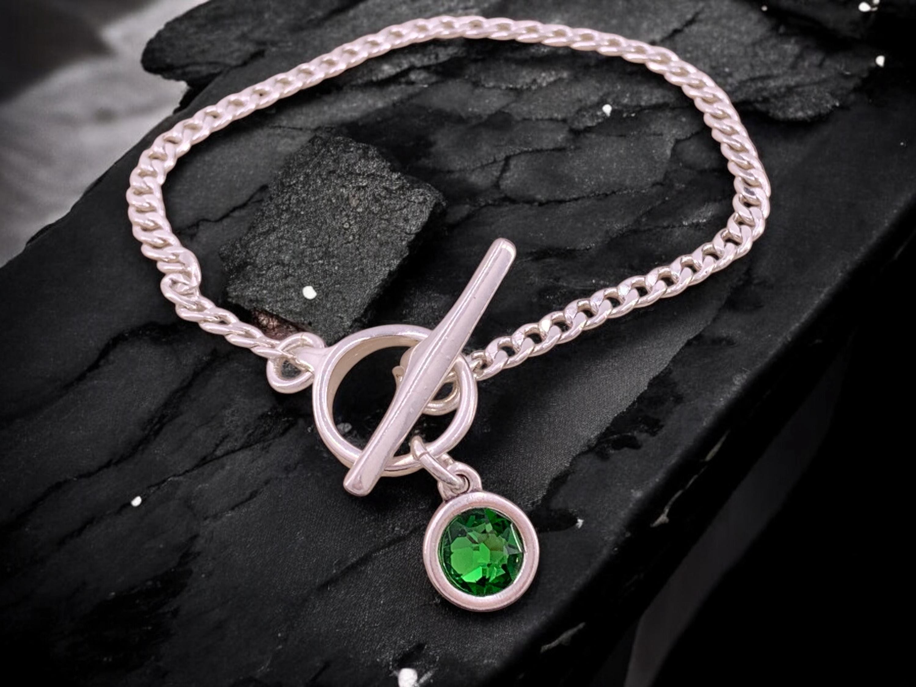 Delicate silver chain bracelets with togglee clasp and Swarovski crystal charm, Christmas present, uno de 50 style, fine chain bracelet