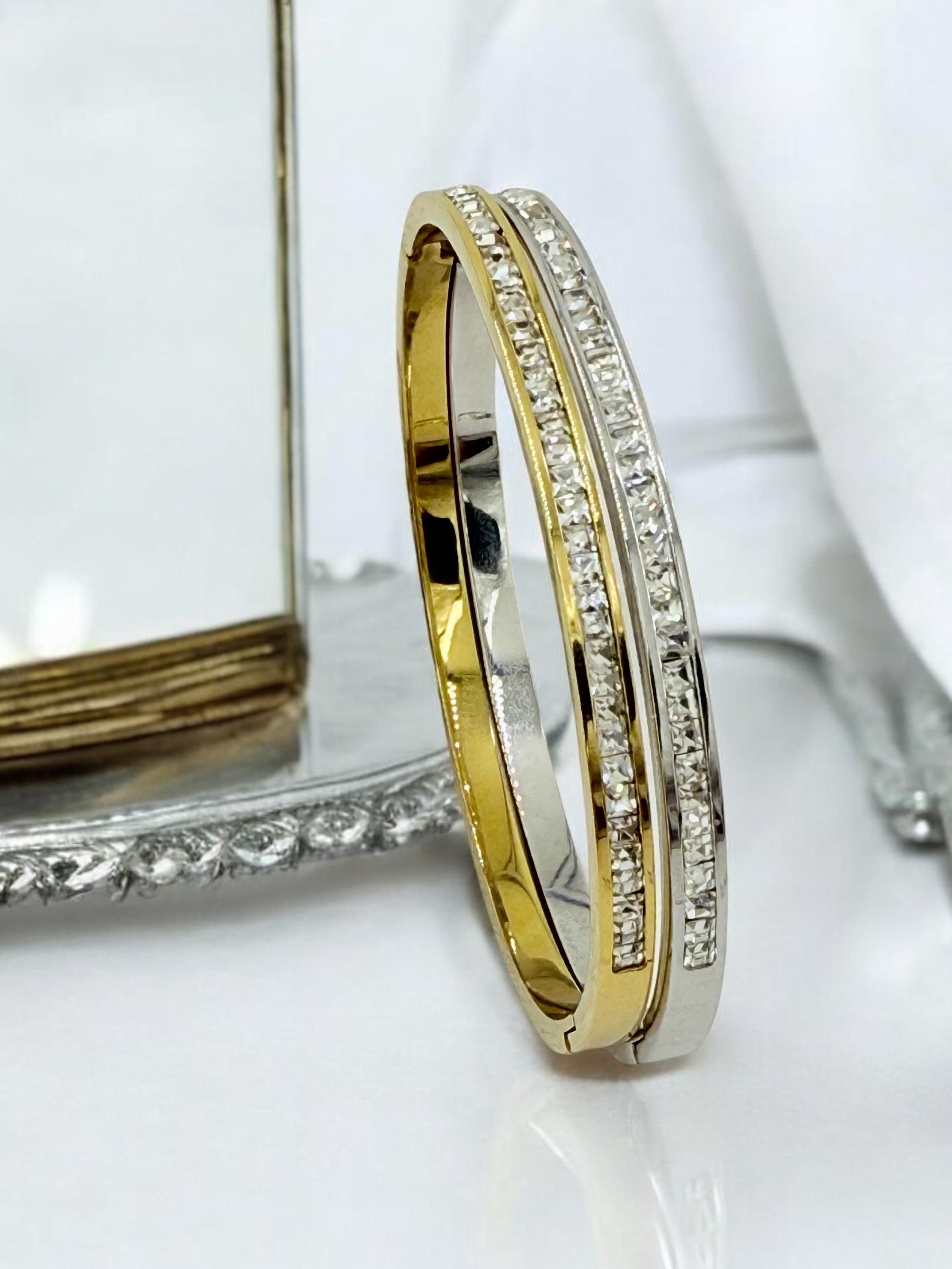 Vintage-Inspired Stainless Steel Bangle with Zirconia – Silver or Gold Rigid Cuff Bracelet – Boho Gift for Women - gift for women -