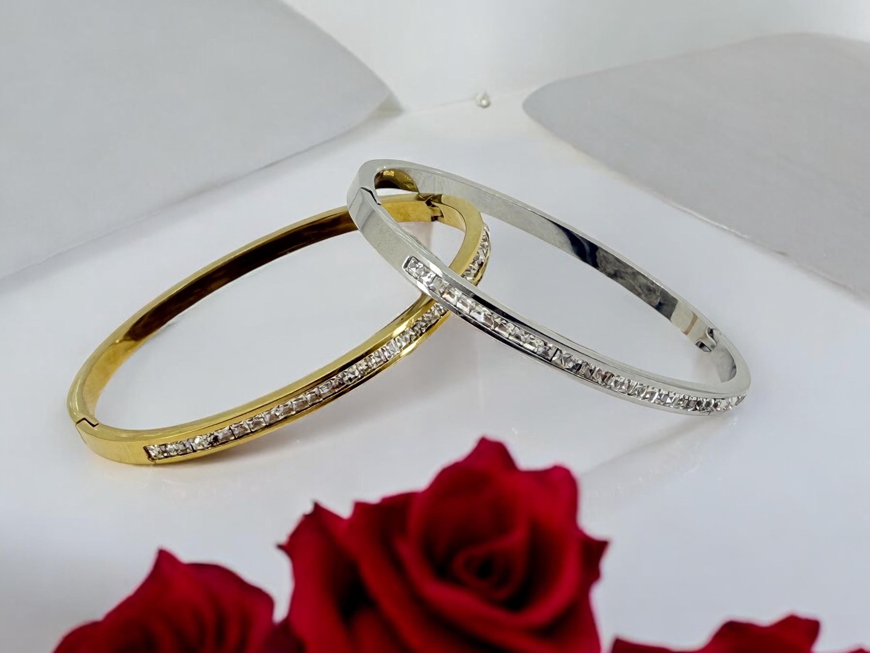 Vintage-Inspired Stainless Steel Bangle with Zirconia – Silver or Gold Rigid Cuff Bracelet – Boho Gift for Women - gift for women -