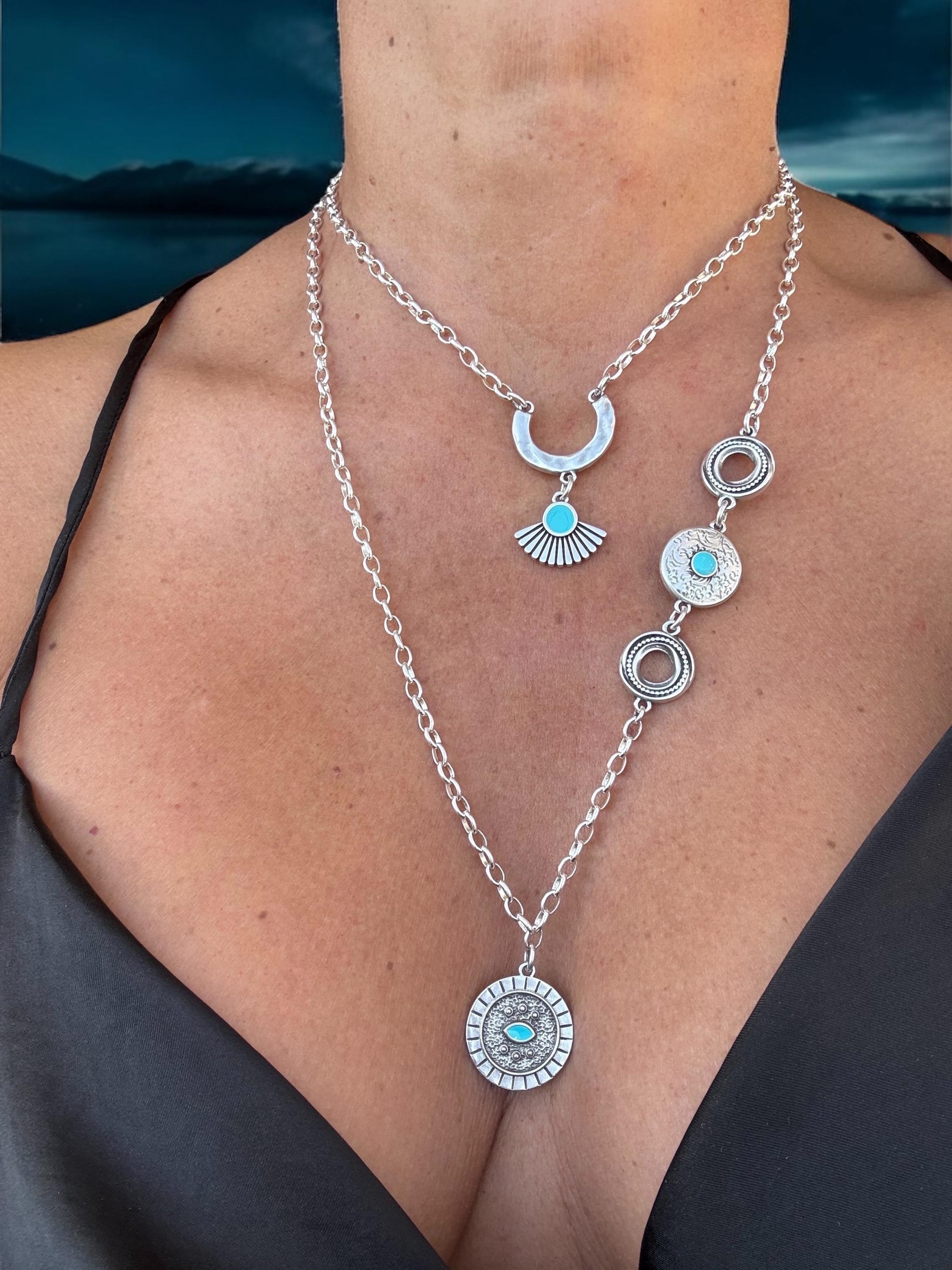 Boho Tribal Layered Necklaces – Silver-Plated with Turquoise Enamel – Summer Statement Jewelry - layering outfit - gift for her