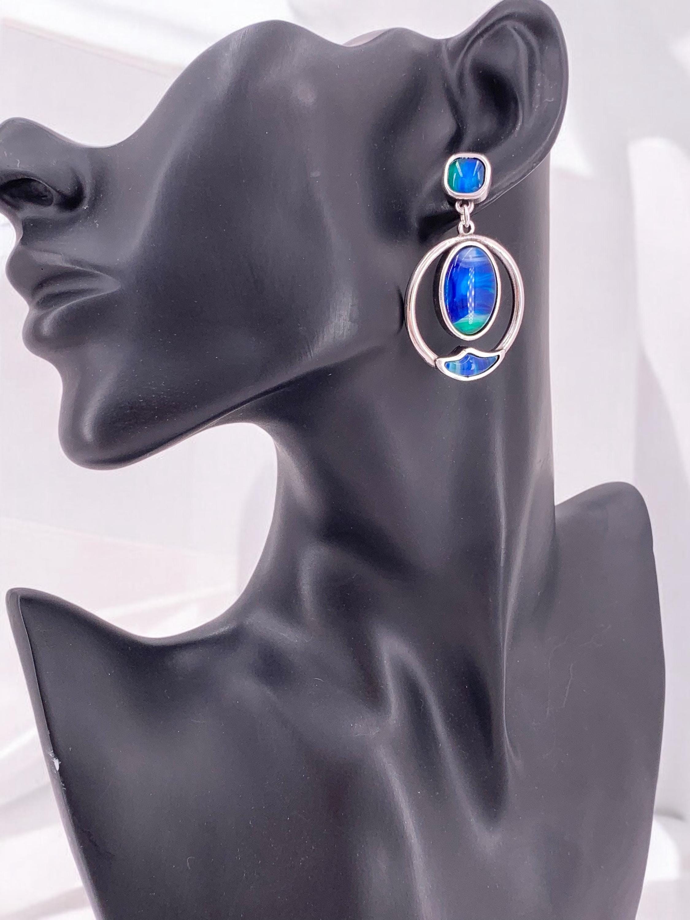Elegant Dangle oversized chunky Earrings with Sea-Toned Crystal – Sculptural Curved Circle Drop in Statement Wedding Style – Gift for Women