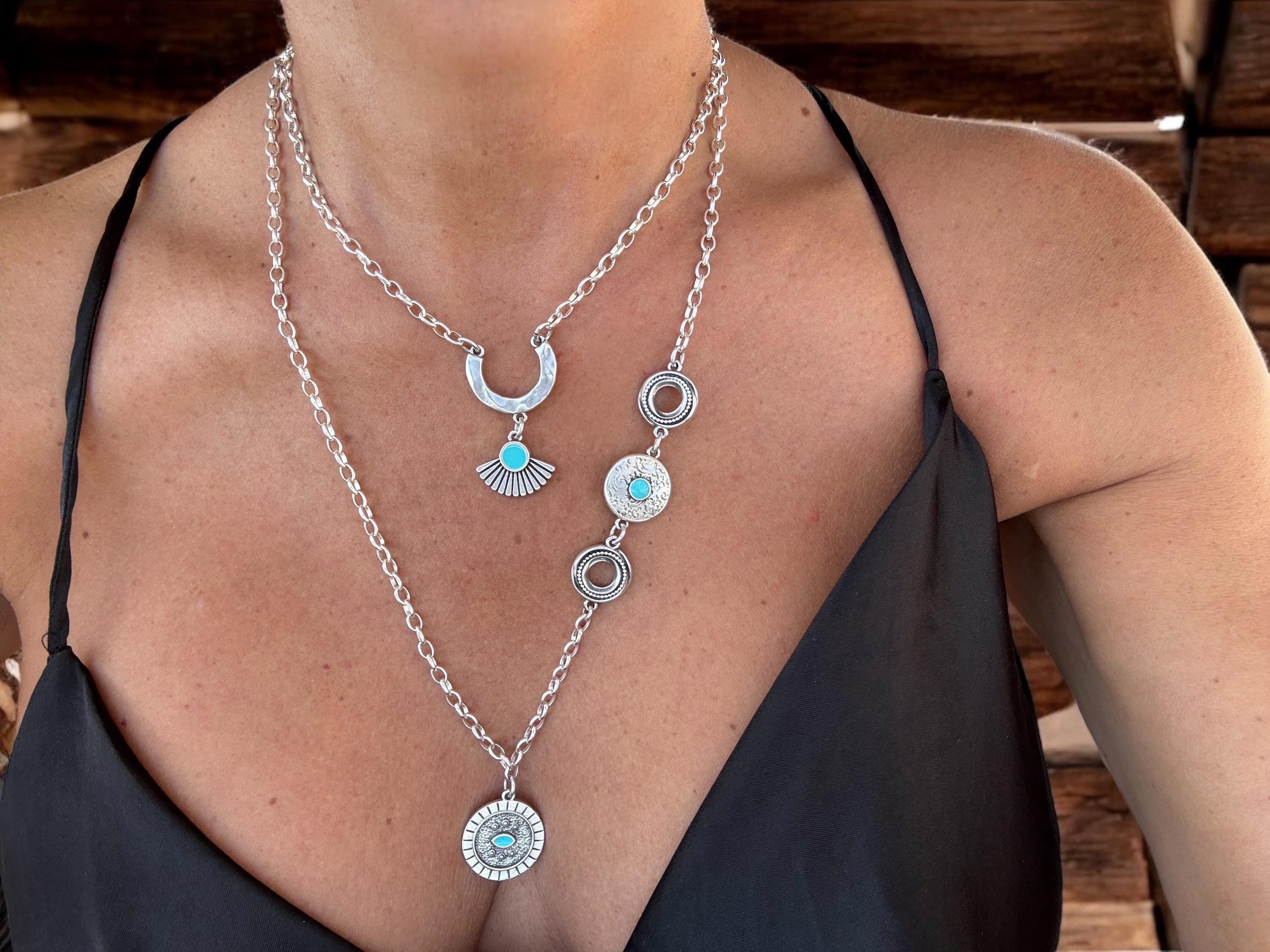 Boho Tribal Layered Necklaces – Silver-Plated with Turquoise Enamel – Summer Statement Jewelry - layering outfit - gift for her