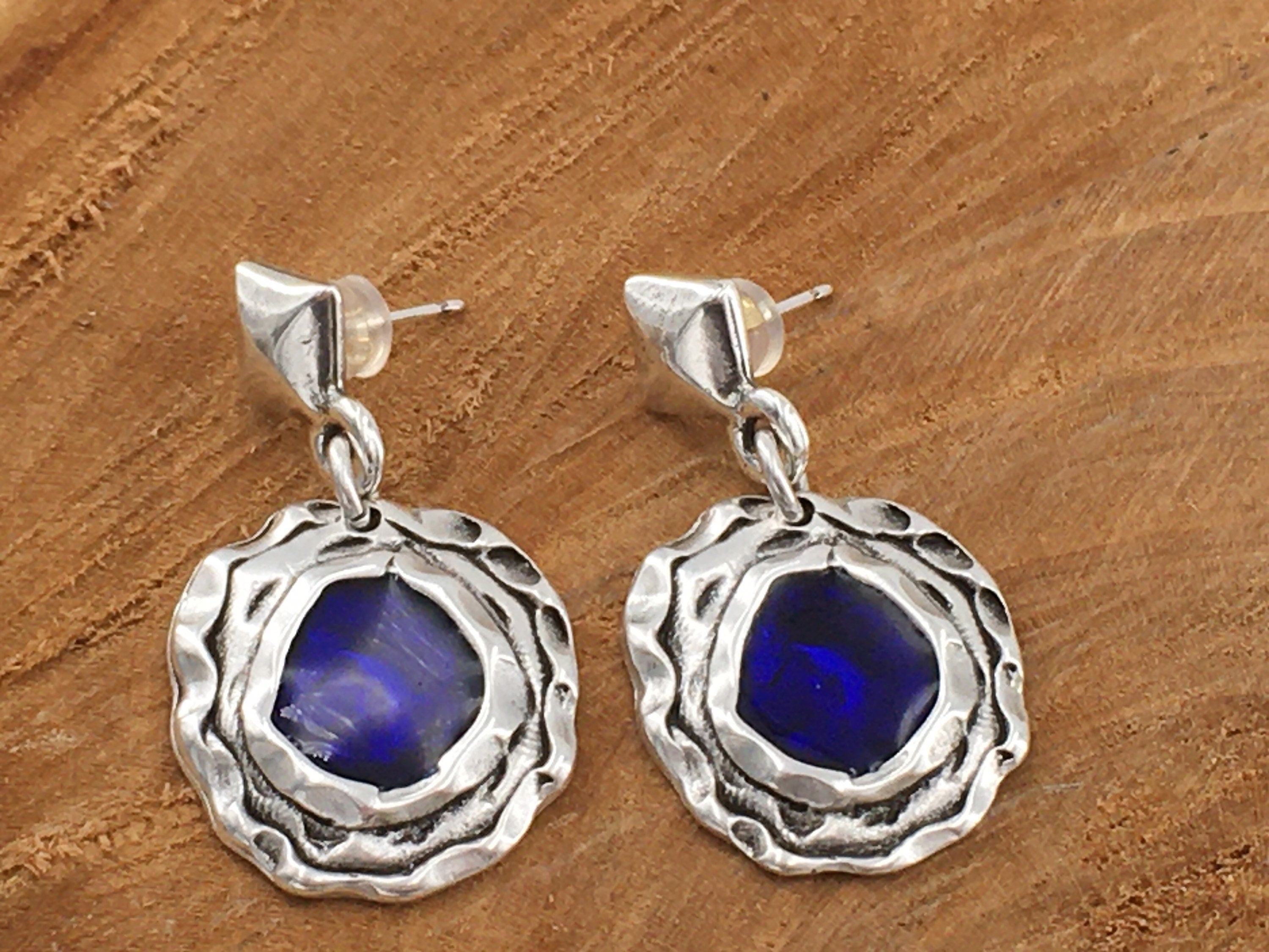 Bold Blue Enamel Earrings – Large Silver Statement Design for Special Occasions – Handmade Party Jewelry, chunky silver earrings