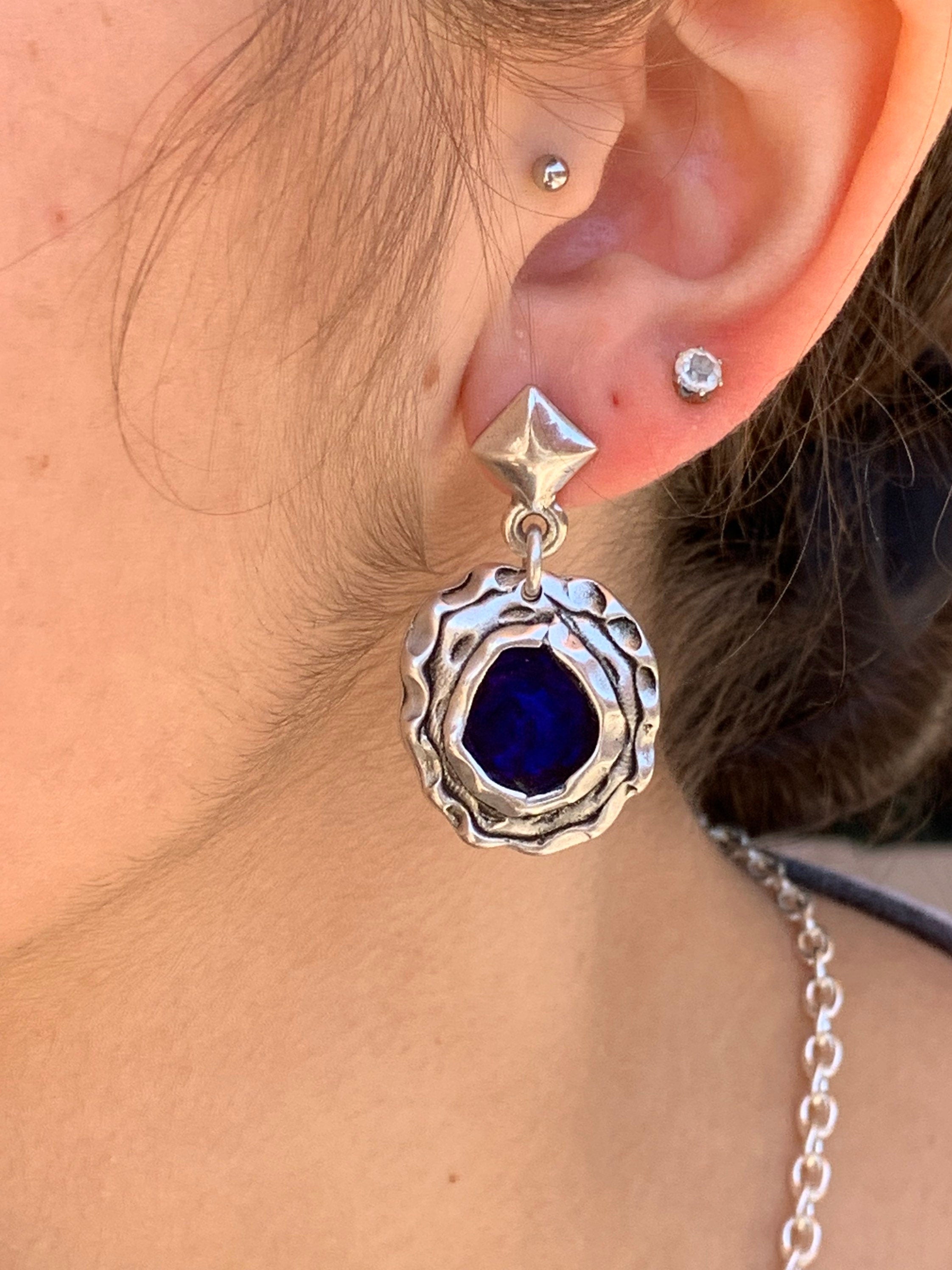 Bold Blue Enamel Earrings – Large Silver Statement Design for Special Occasions – Handmade Party Jewelry, chunky silver earrings