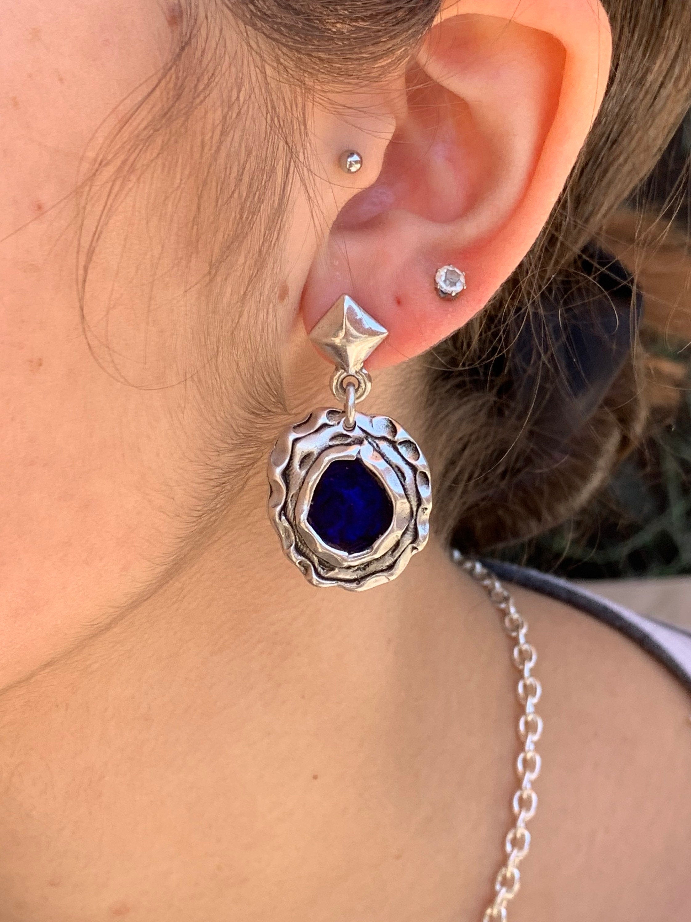 Bold Blue Enamel Earrings – Large Silver Statement Design for Special Occasions – Handmade Party Jewelry, chunky silver earrings