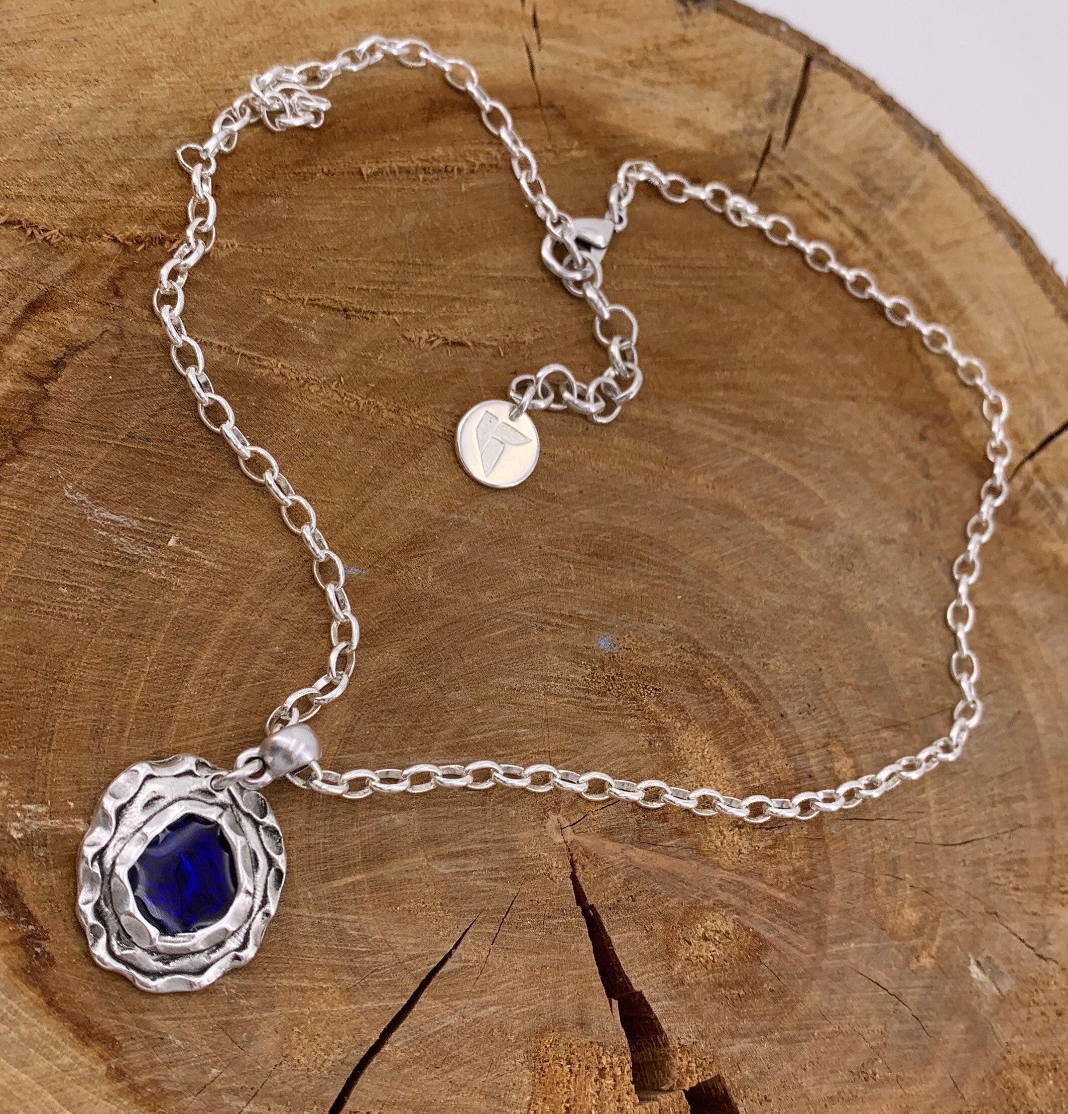 Blue Gothic Pendant Necklace – Sculptural Hammered Design on Fine Silver Chain – Vintage-Inspired Gift for Stylish Women - 80s jewelry