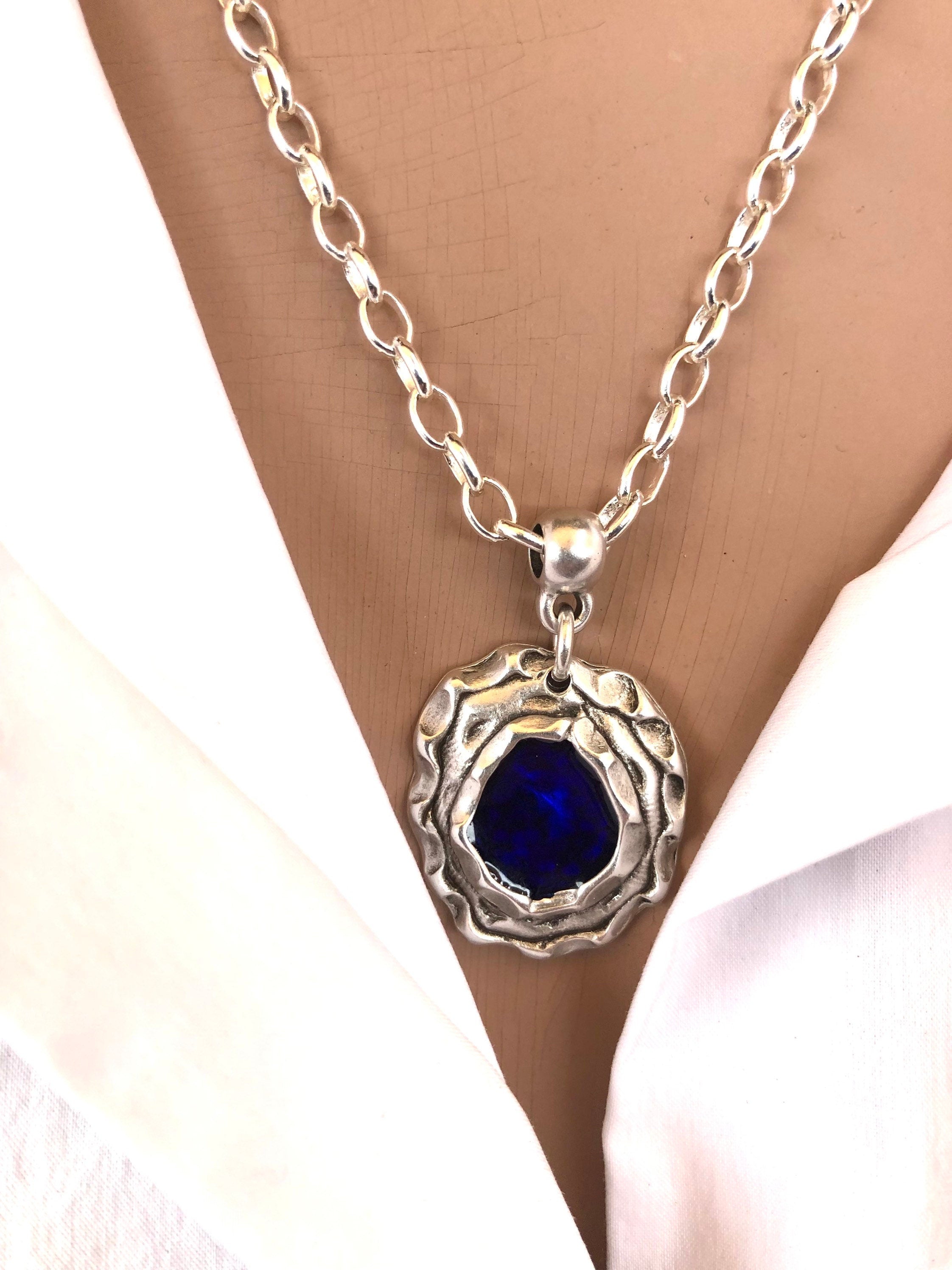 Blue Gothic Pendant Necklace – Sculptural Hammered Design on Fine Silver Chain – Vintage-Inspired Gift for Stylish Women - 80s jewelry