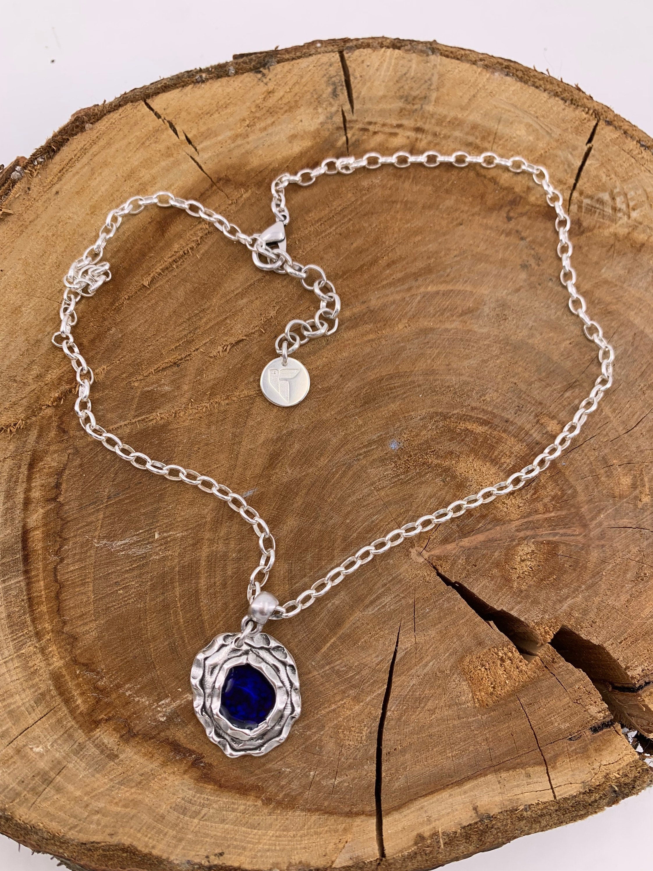 Blue Gothic Pendant Necklace – Sculptural Hammered Design on Fine Silver Chain – Vintage-Inspired Gift for Stylish Women - 80s jewelry