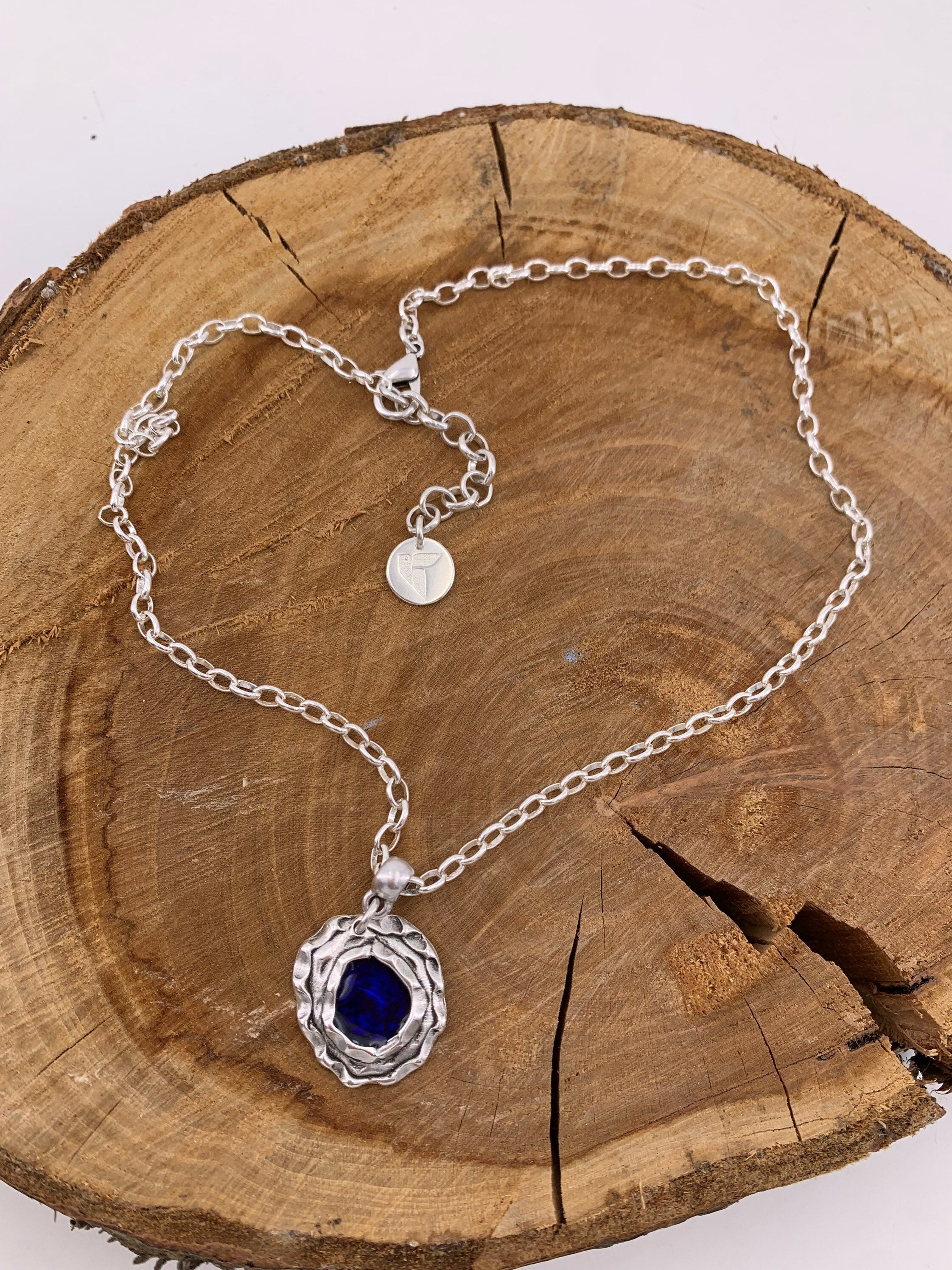 Blue Gothic Pendant Necklace – Sculptural Hammered Design on Fine Silver Chain – Vintage-Inspired Gift for Stylish Women - 80s jewelry