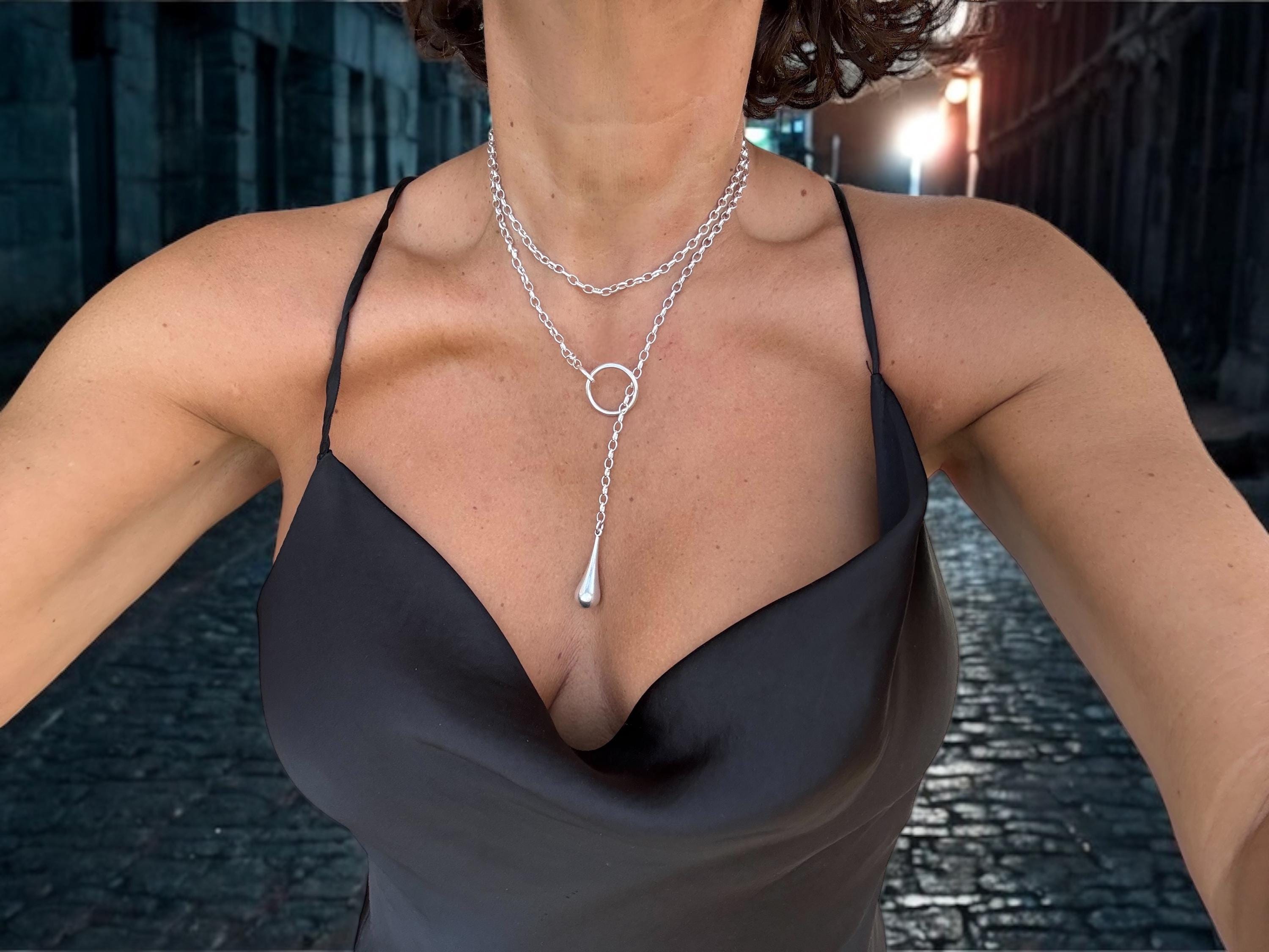 Layering silver chain lariat necklace, wrap Y necklace, dome pendant lariat necklace, teardrop pendant layering necklace, uno de 50 style,