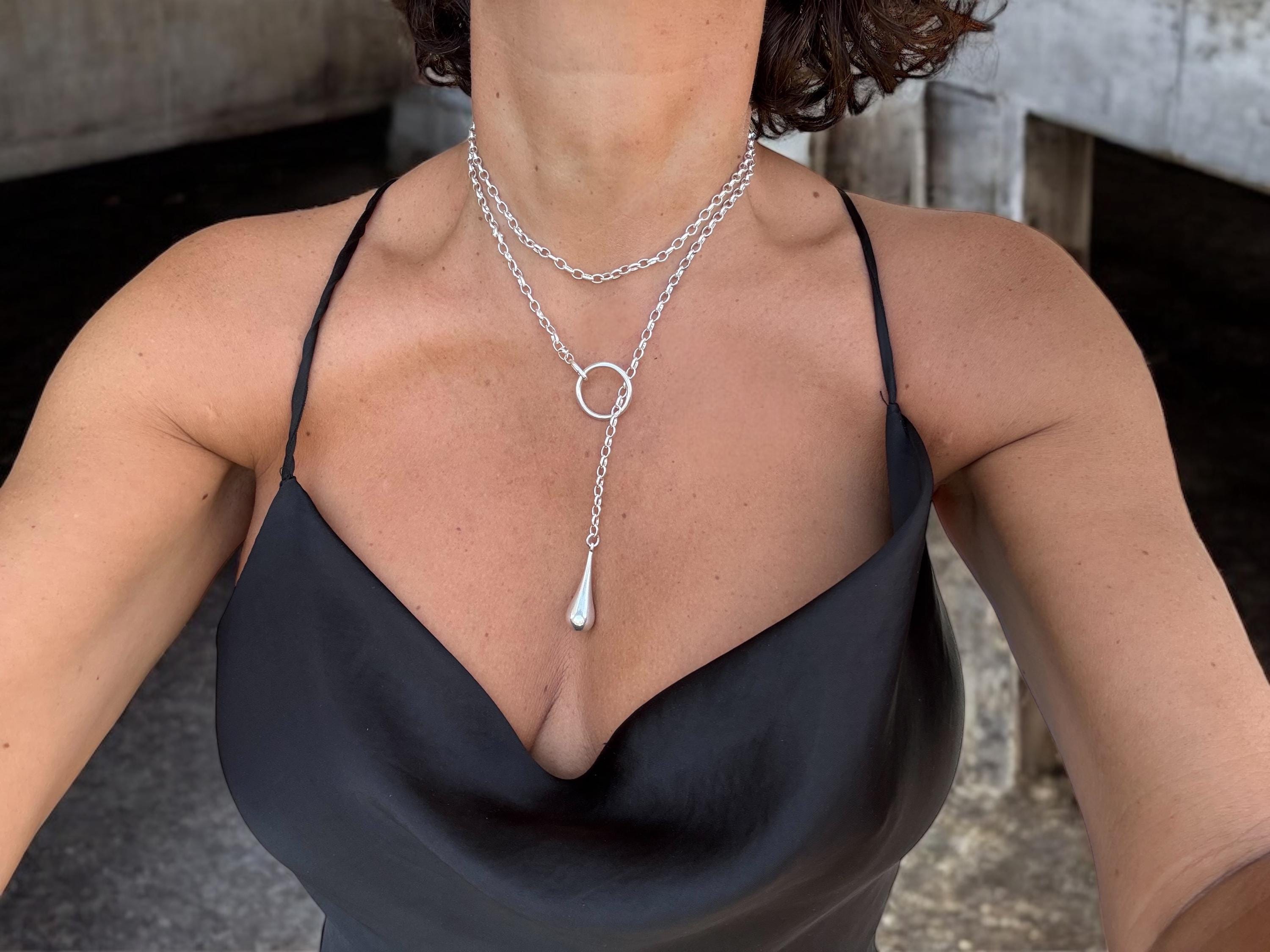Layering silver chain lariat necklace, wrap Y necklace, dome pendant lariat necklace, teardrop pendant layering necklace, uno de 50 style,