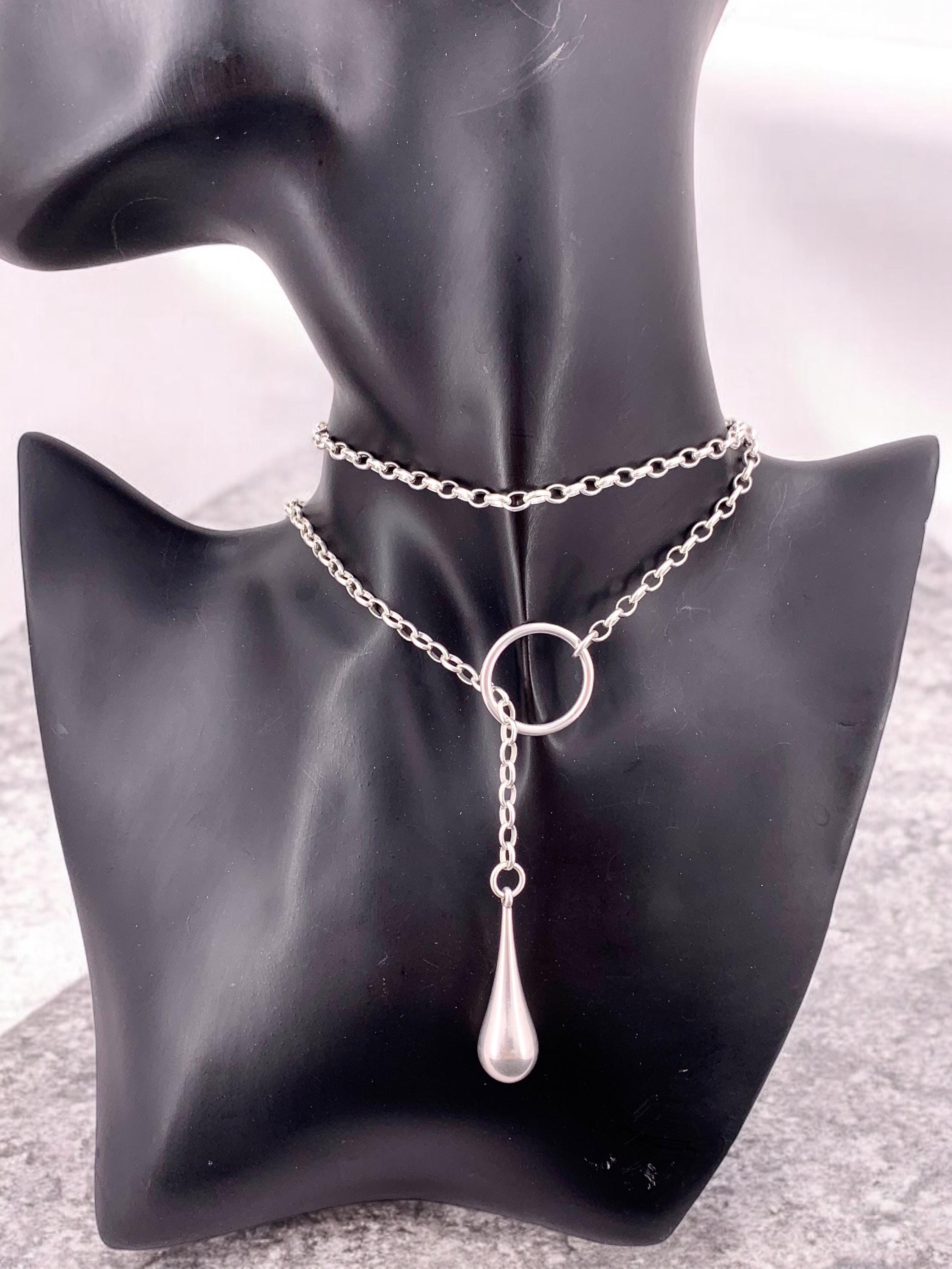 Layering silver chain lariat necklace, wrap Y necklace, dome pendant lariat necklace, teardrop pendant layering necklace, uno de 50 style,