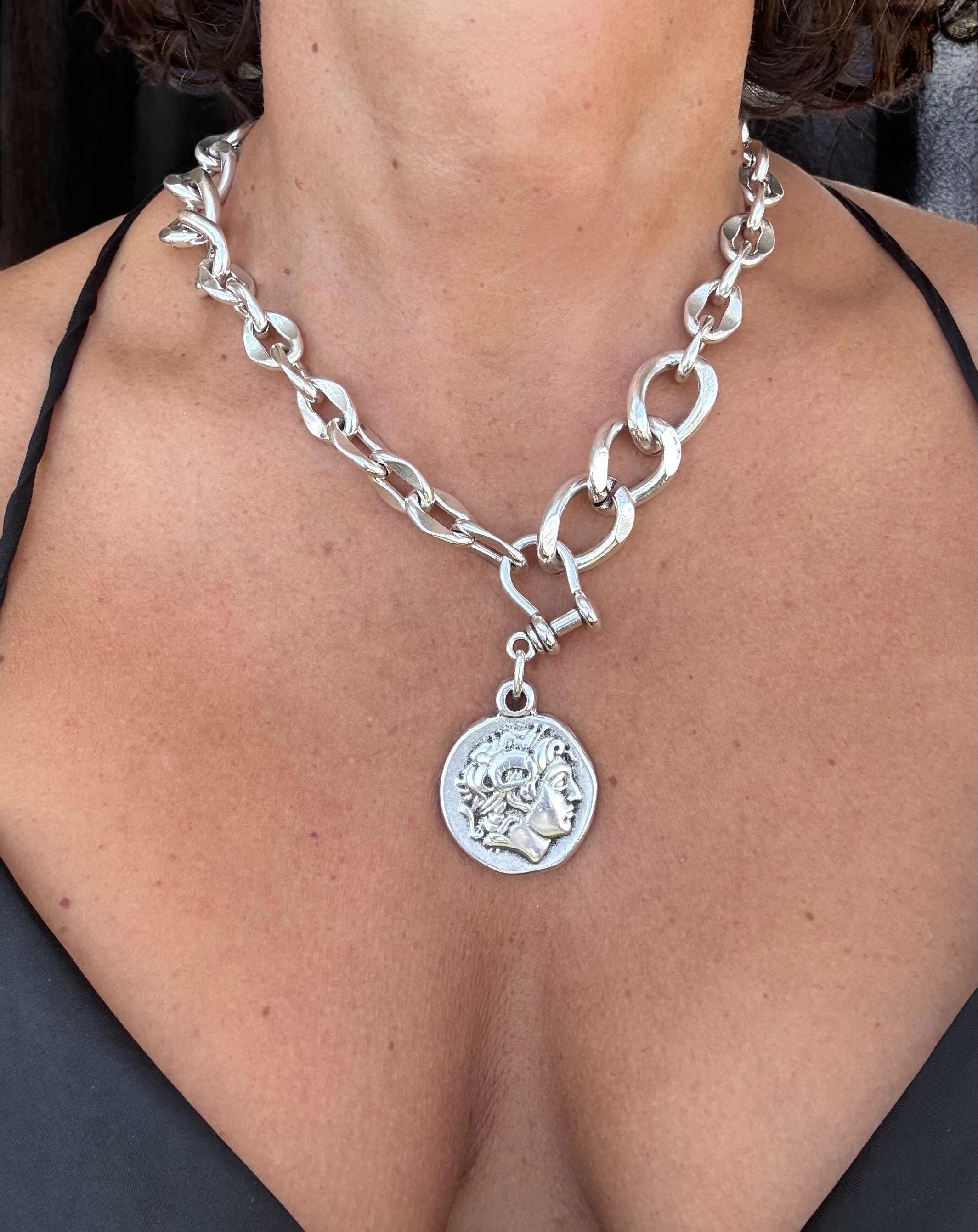 Chunky Silver Necklace with Alexander the Great Coin Pendant – Bold Statement Jewelry – Silver-Plated Steel Chain – Custom Length – Handmade