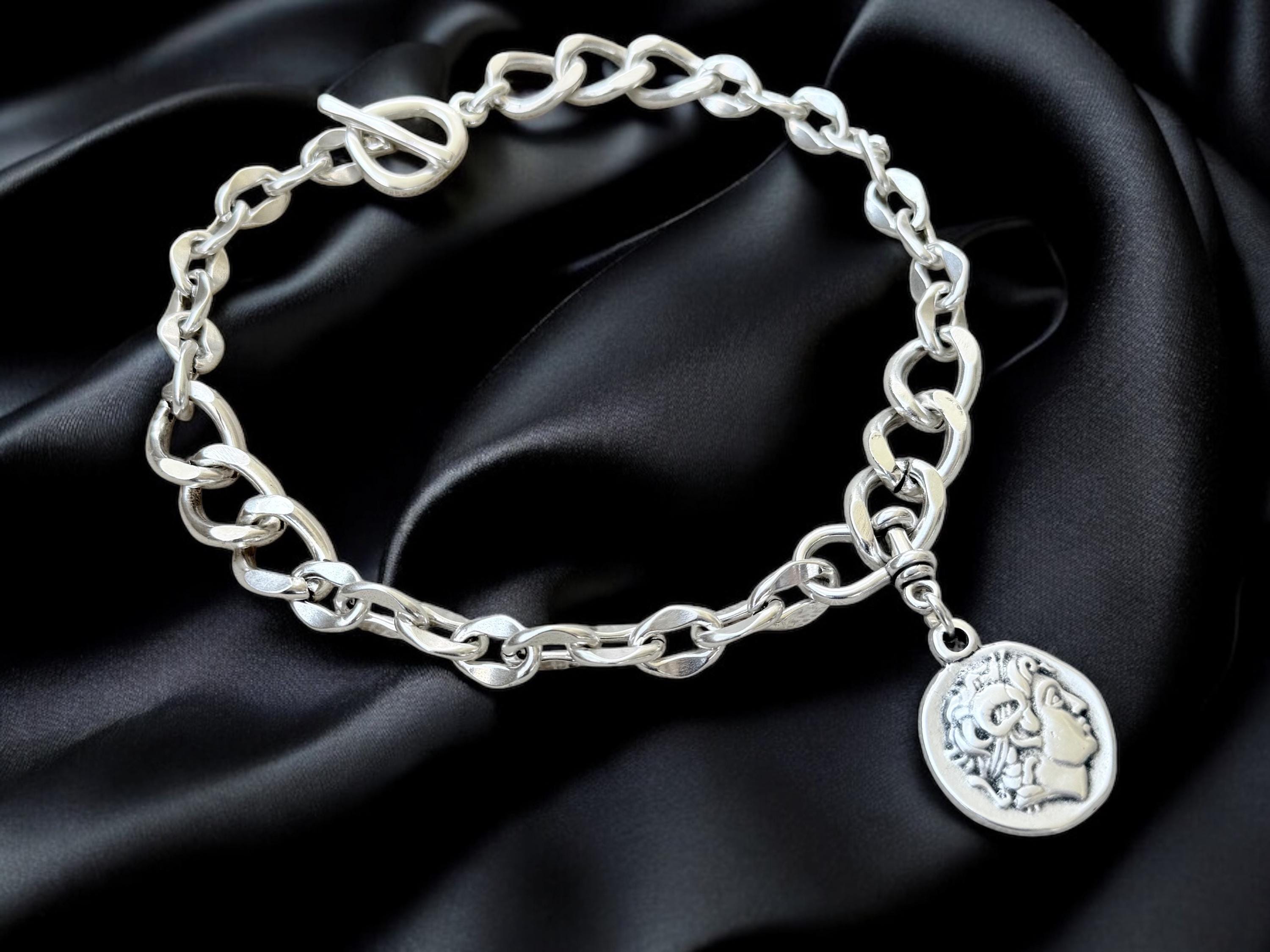 Chunky Silver Necklace with Alexander the Great Coin Pendant – Bold Statement Jewelry – Silver-Plated Steel Chain – Custom Length – Handmade