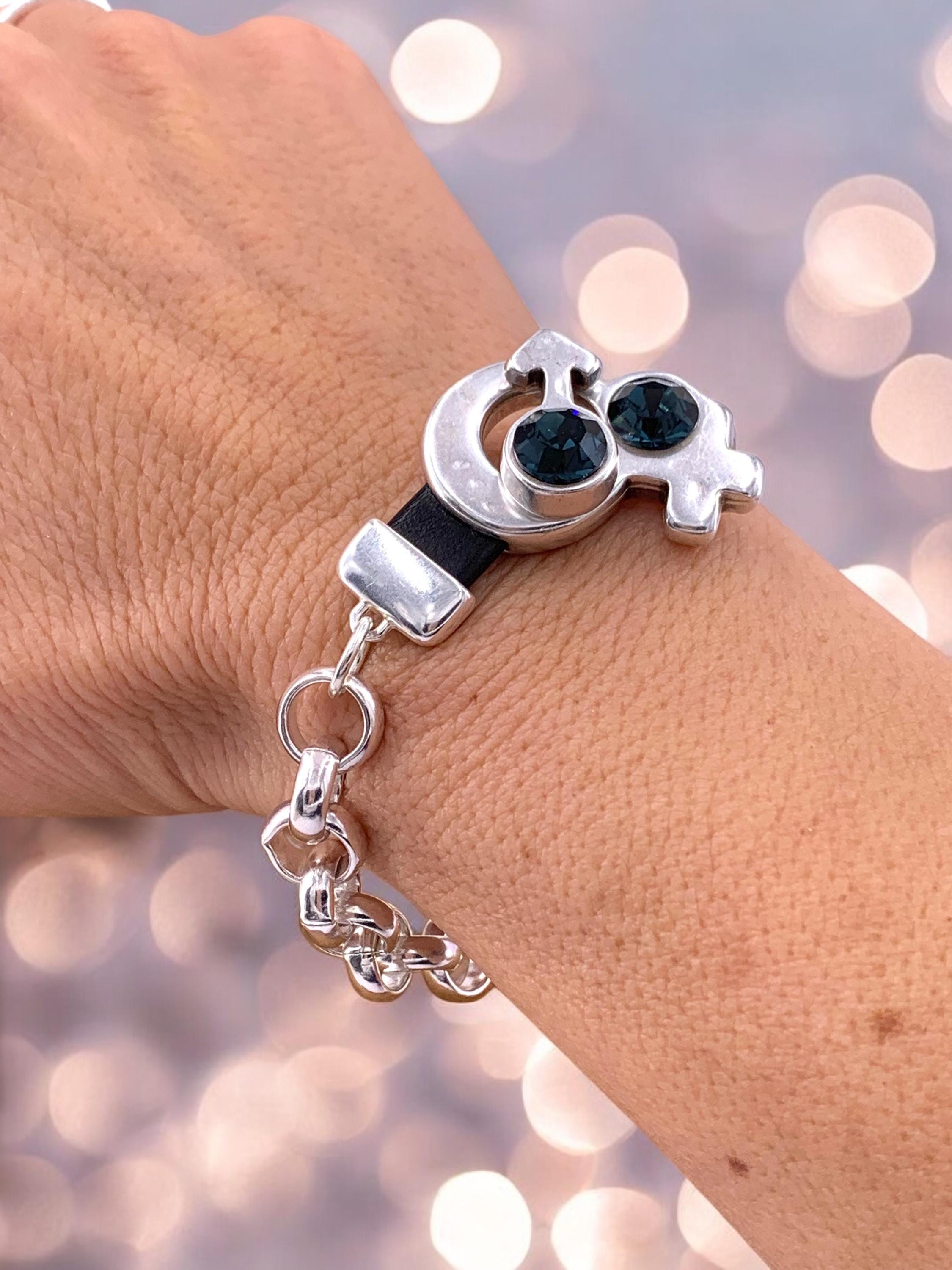 Chunky Silver Rolo Chain Bracelet with Swarovski Crystals – Feminine & Masculine Symbol Toggle Clasp – Customizable Kukuri Jewelry Design