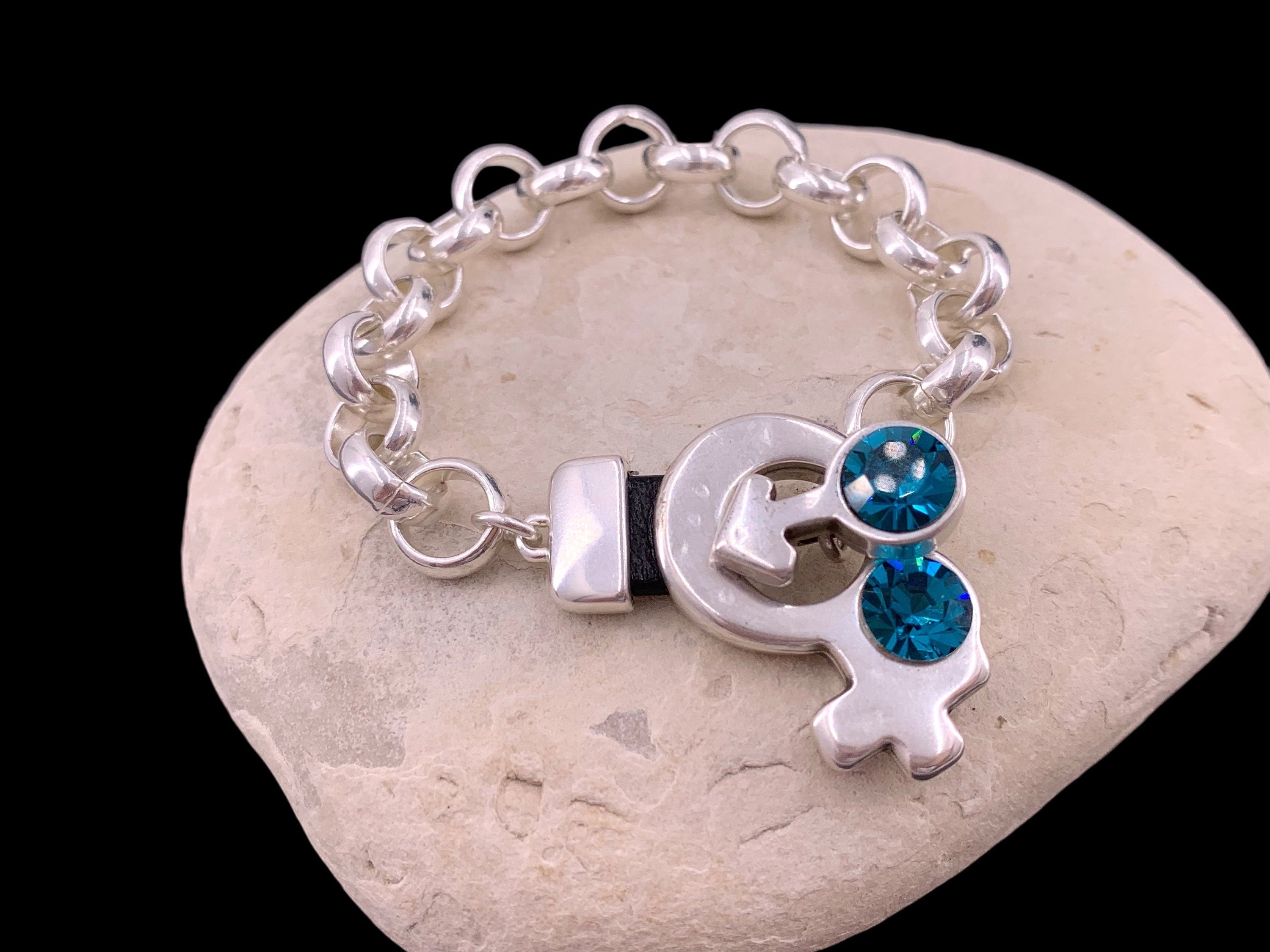 Chunky Silver Rolo Chain Bracelet with Swarovski Crystals – Feminine & Masculine Symbol Toggle Clasp – Customizable Kukuri Jewelry Design