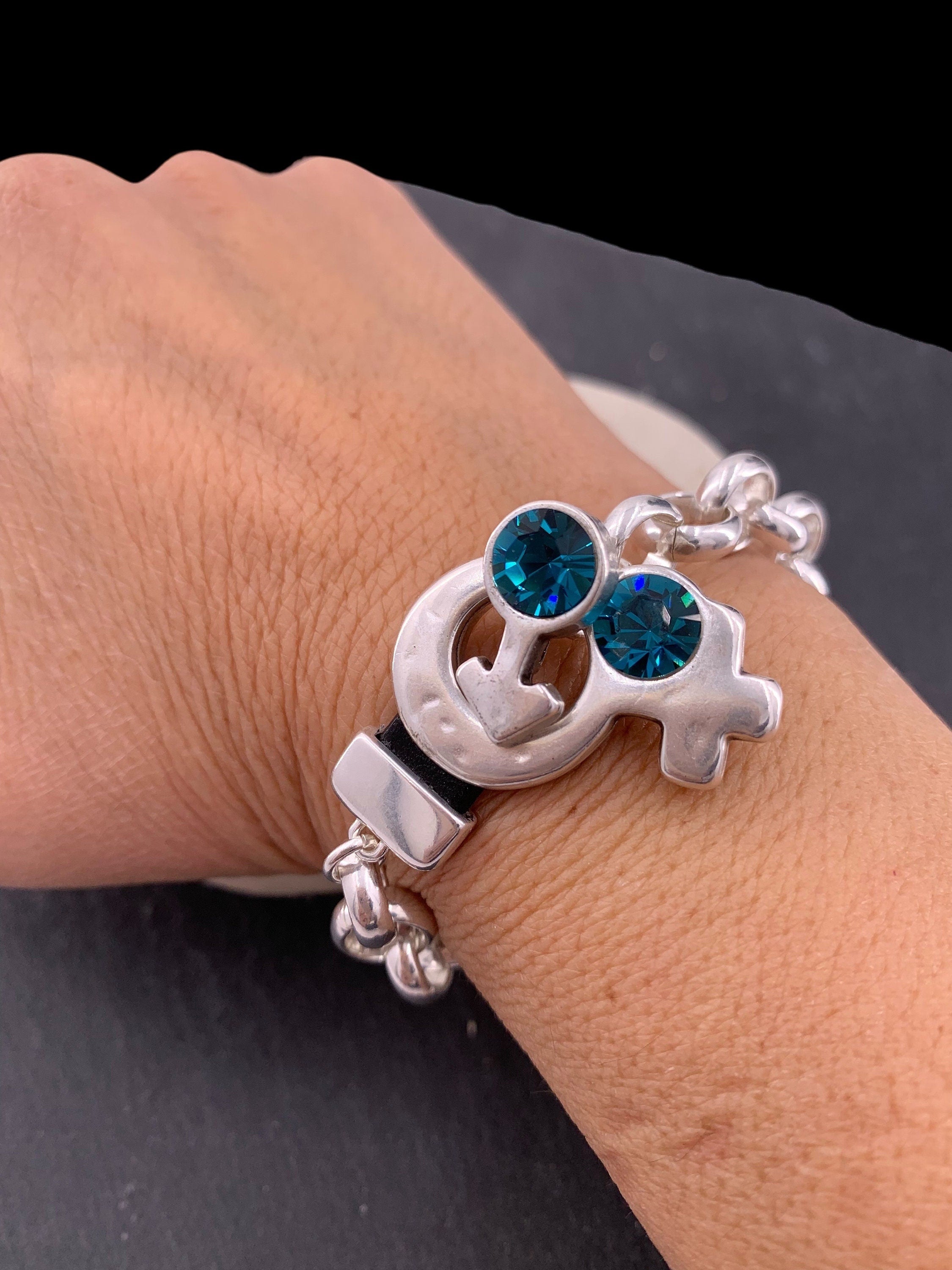 Chunky Silver Rolo Chain Bracelet with Swarovski Crystals – Feminine & Masculine Symbol Toggle Clasp – Customizable Kukuri Jewelry Design