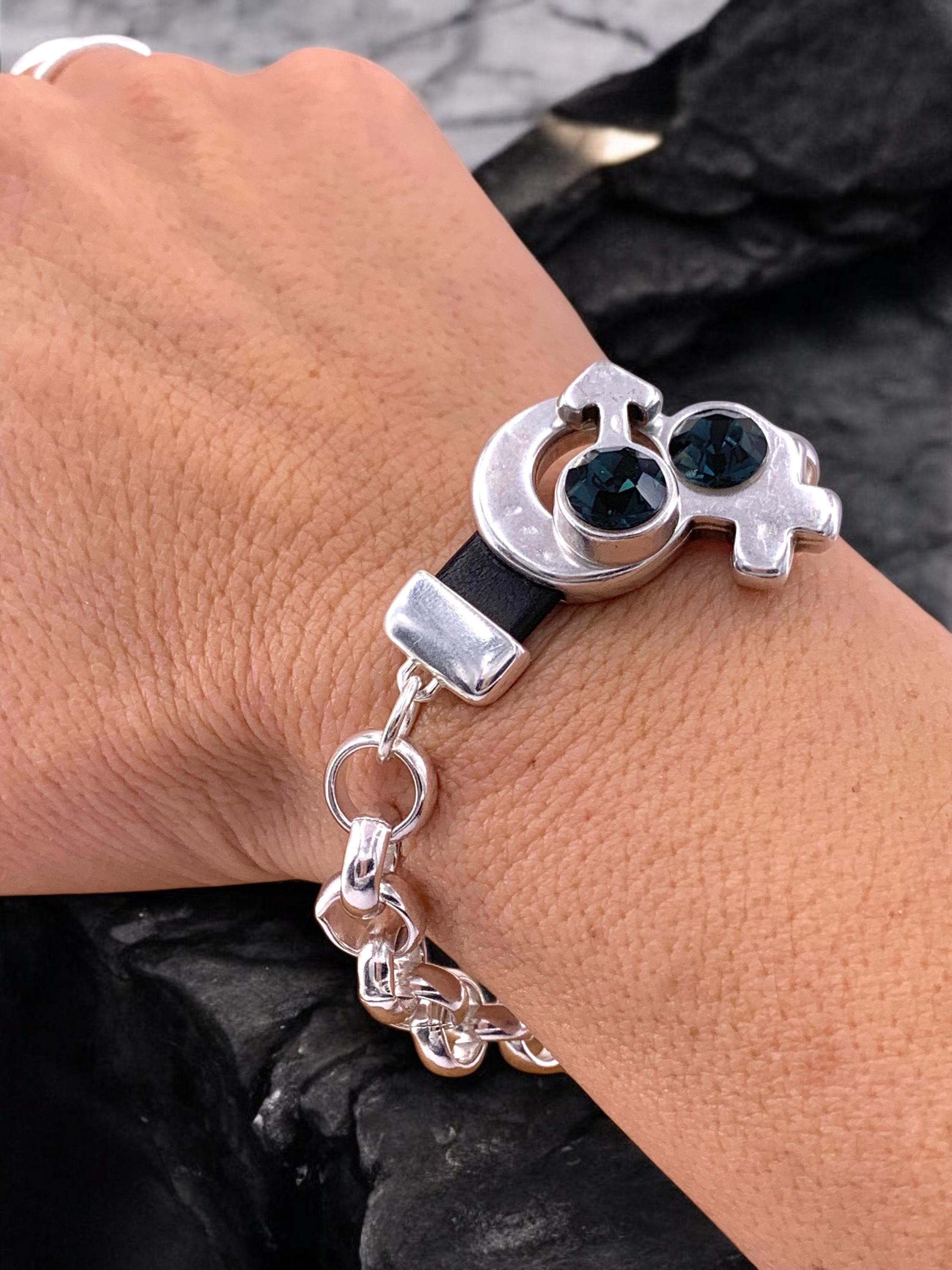 Chunky Silver Rolo Chain Bracelet with Swarovski Crystals – Feminine & Masculine Symbol Toggle Clasp – Customizable Kukuri Jewelry Design