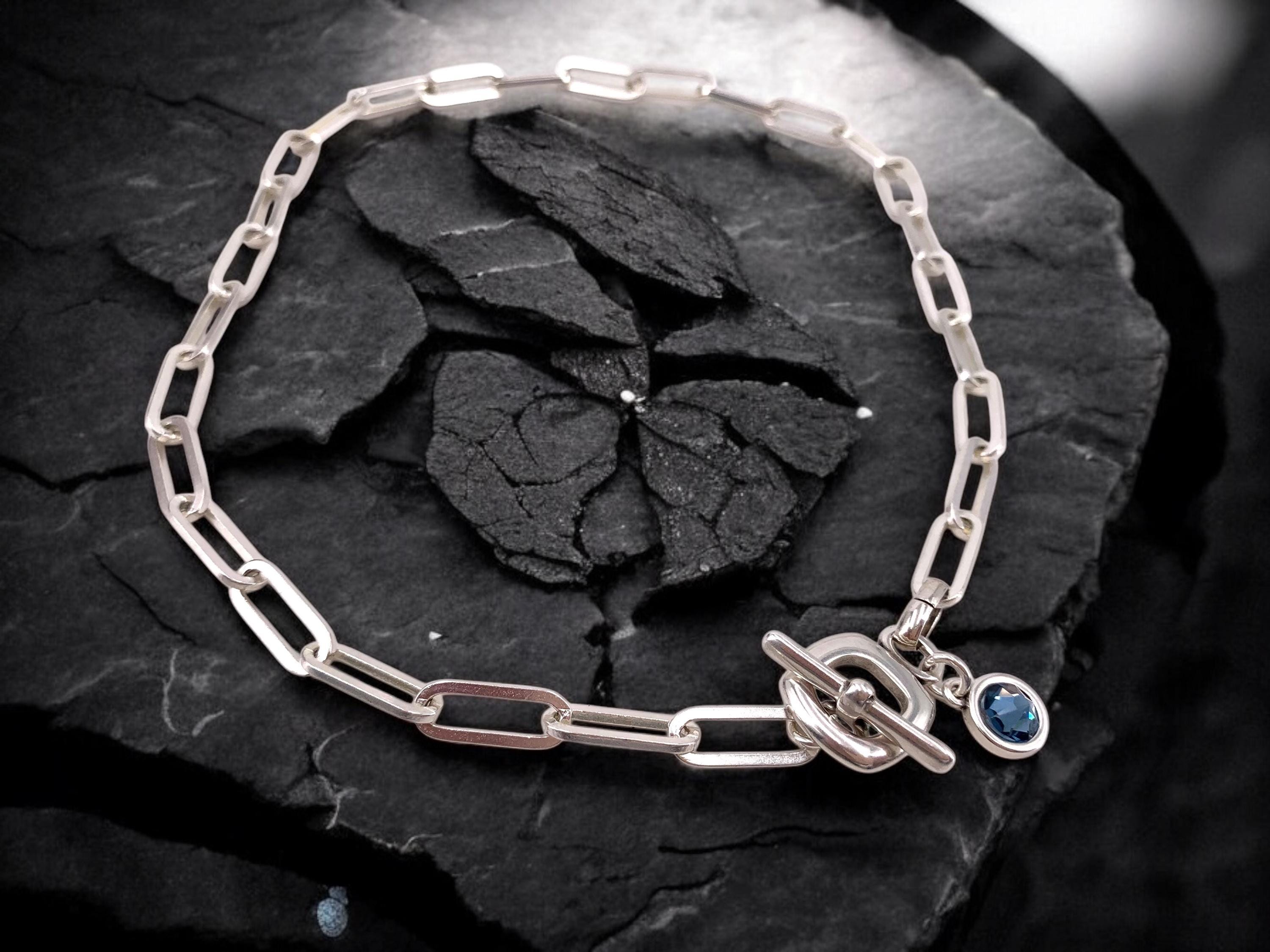 Chunky silver chain toggle necklace with Swarovski crystal charm, bold chain toggle silver choker, uno de 50 style, valentines gift,