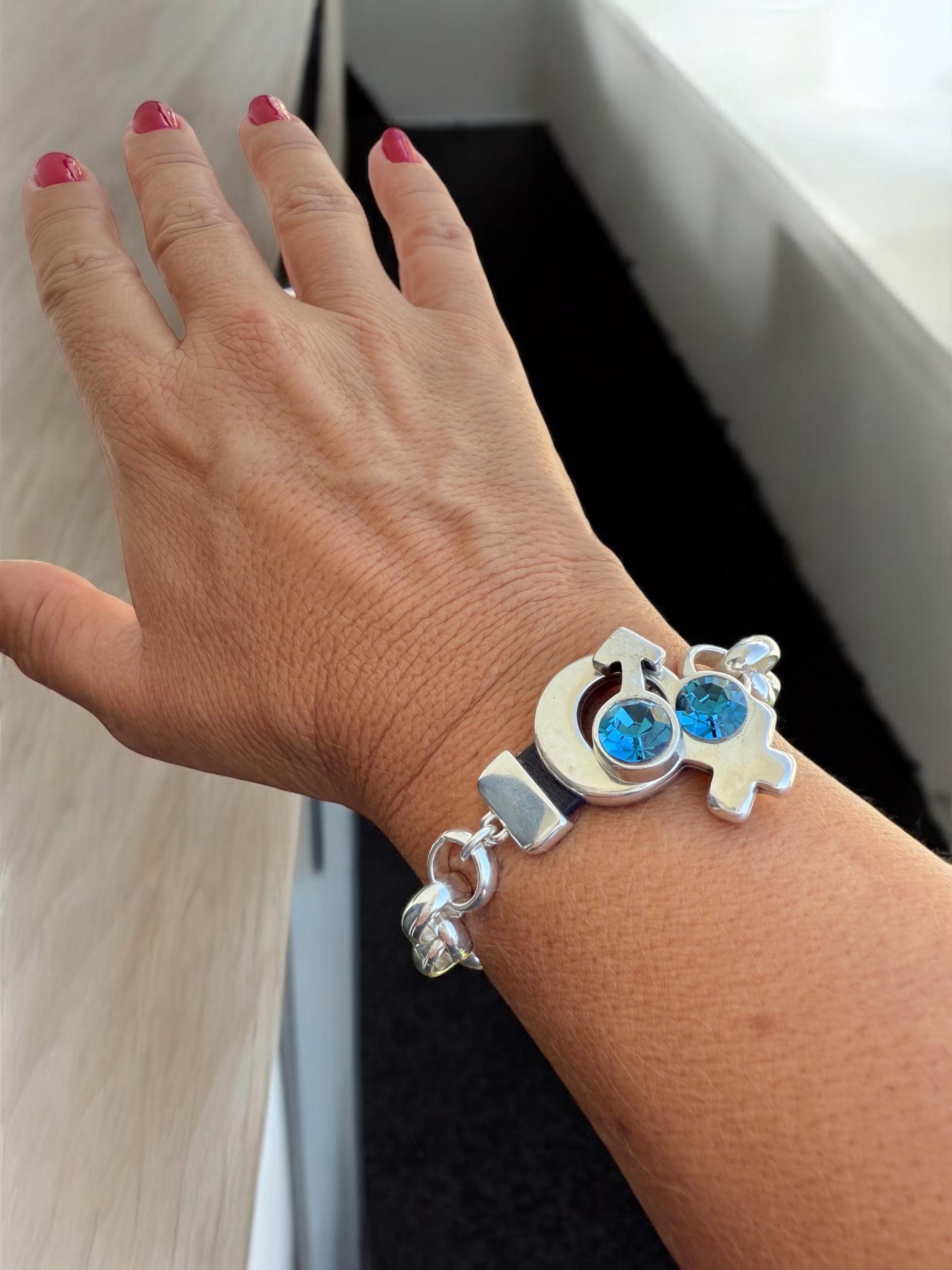 Chunky Silver Rolo Chain Bracelet with Swarovski Crystals – Feminine & Masculine Symbol Toggle Clasp – Customizable Kukuri Jewelry Design