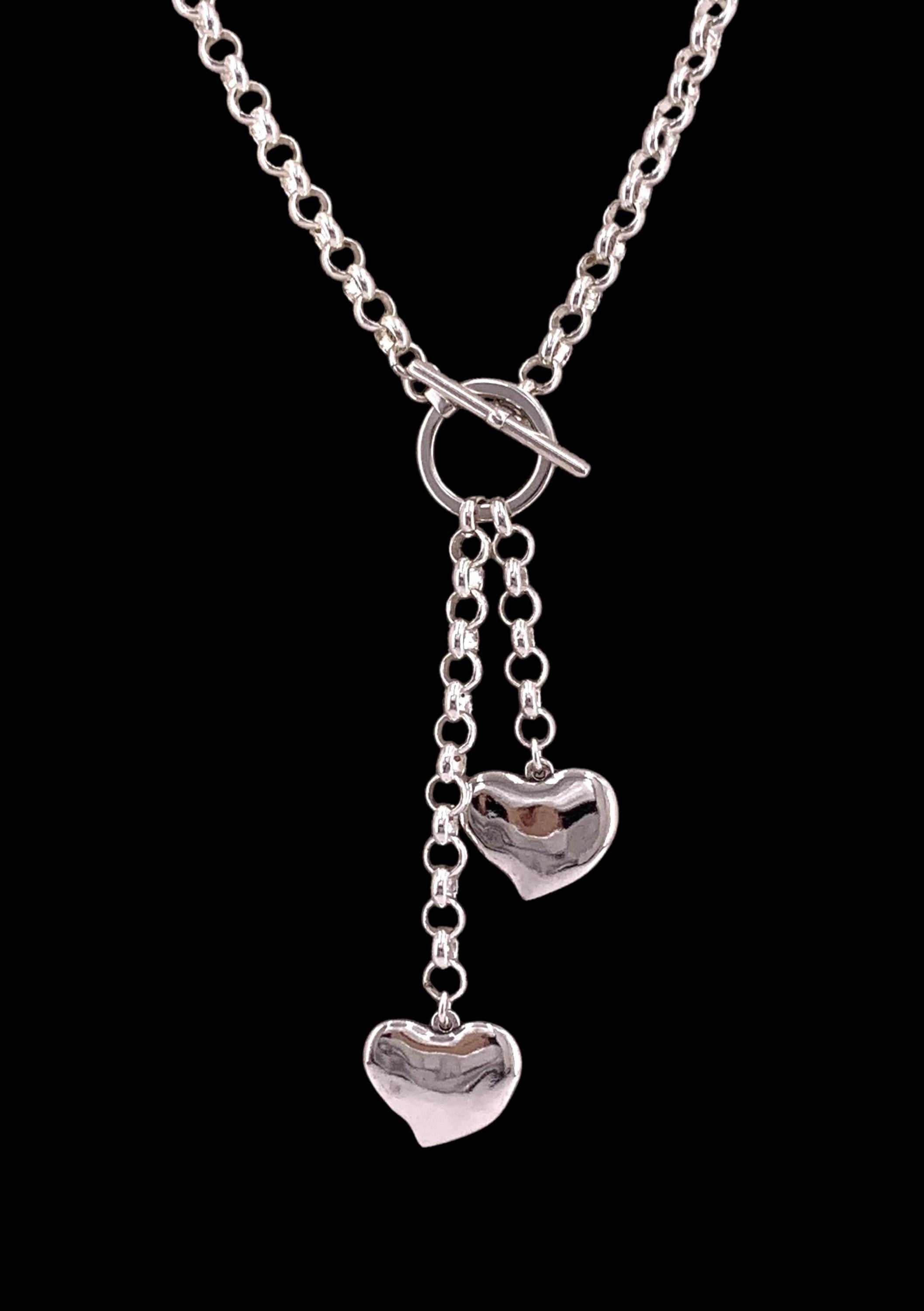 Chunky Silver Lariat Necklace with Dual Heart Pendants – Bold Rolo Chain Y Necklace with Toggle Clasp – romantic jewelry - gift for lovers
