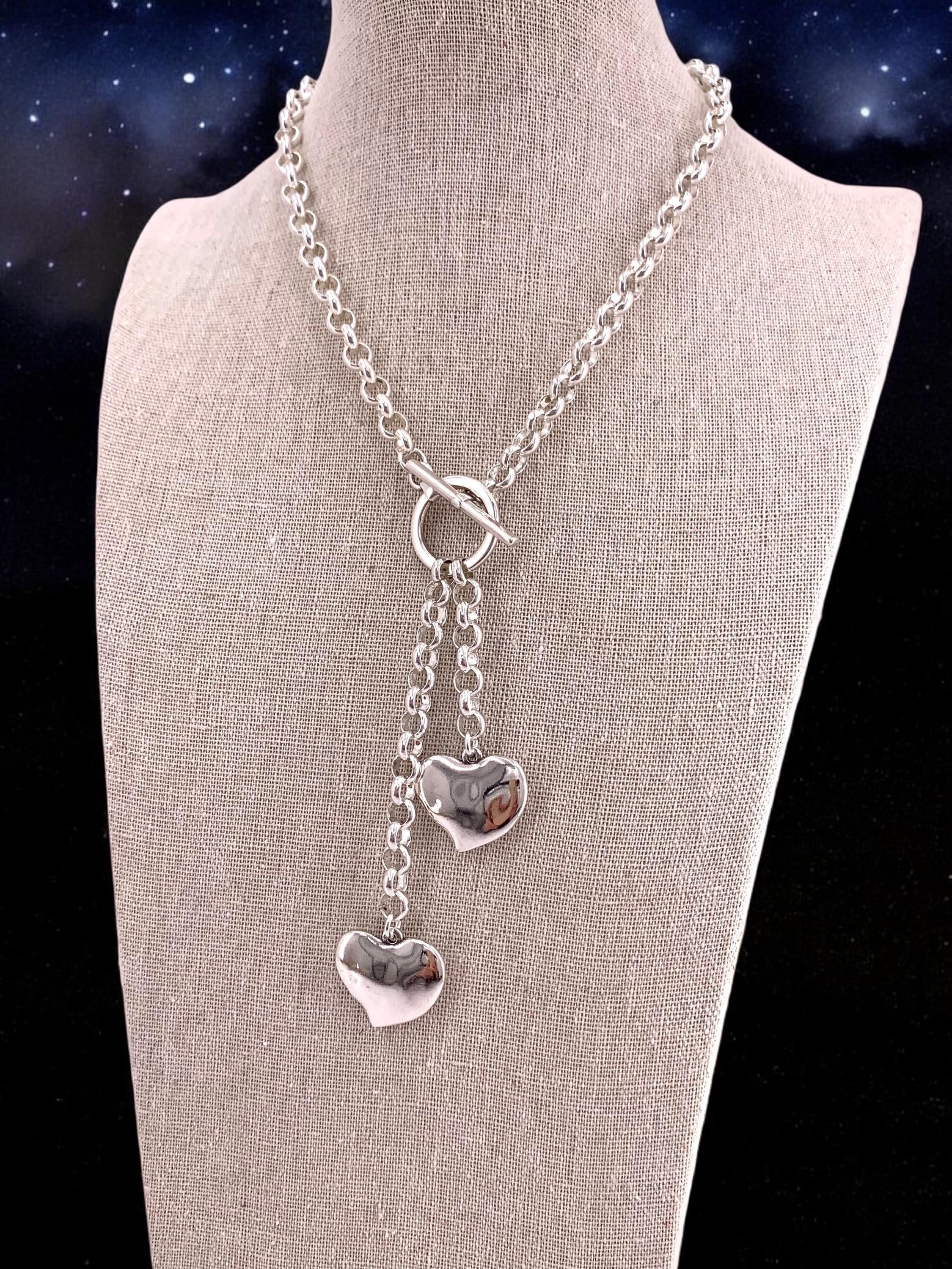 Chunky Silver Lariat Necklace with Dual Heart Pendants – Bold Rolo Chain Y Necklace with Toggle Clasp – romantic jewelry - gift for lovers