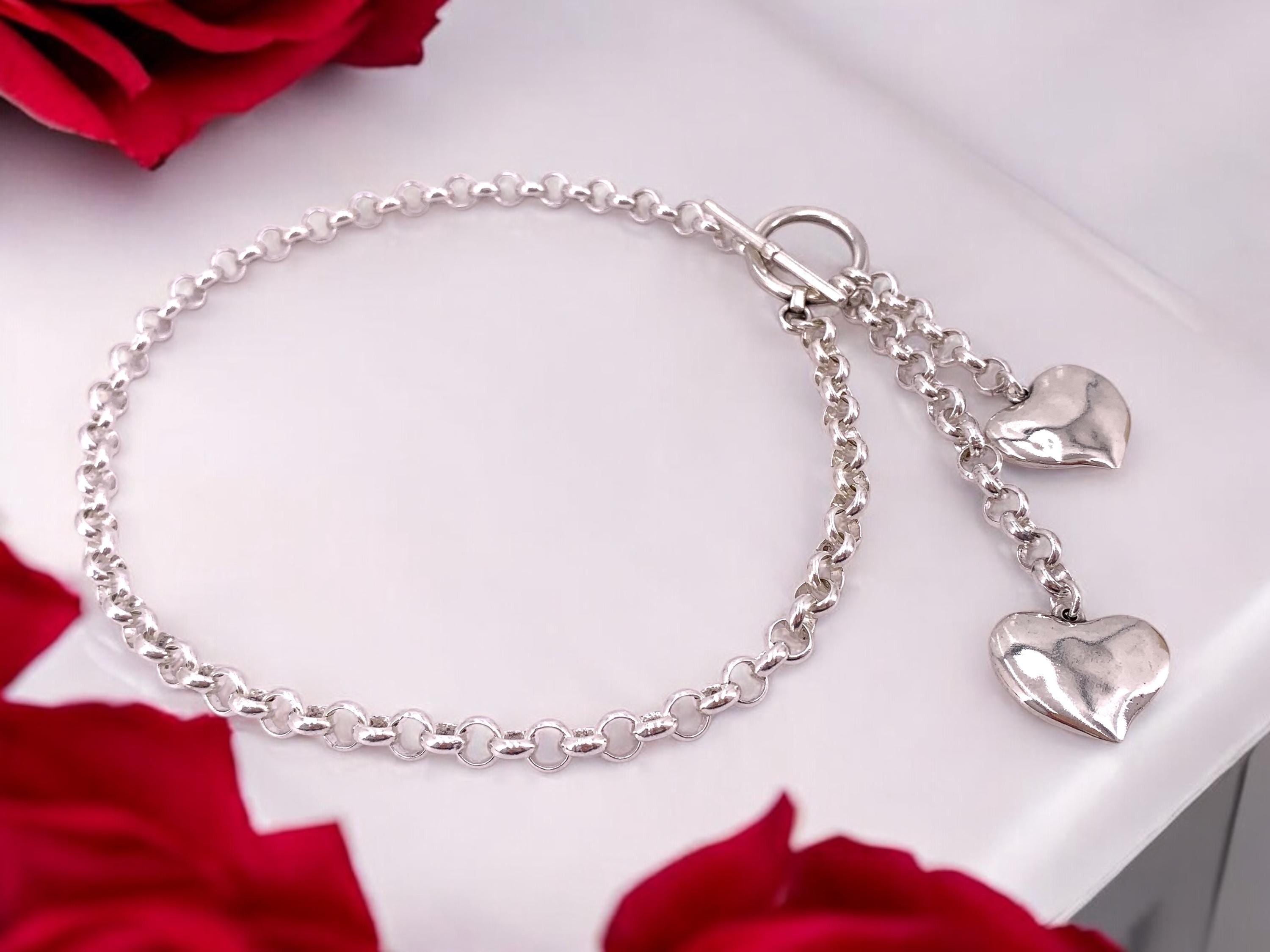 Chunky Silver Lariat Necklace with Dual Heart Pendants – Bold Rolo Chain Y Necklace with Toggle Clasp – romantic jewelry - gift for lovers